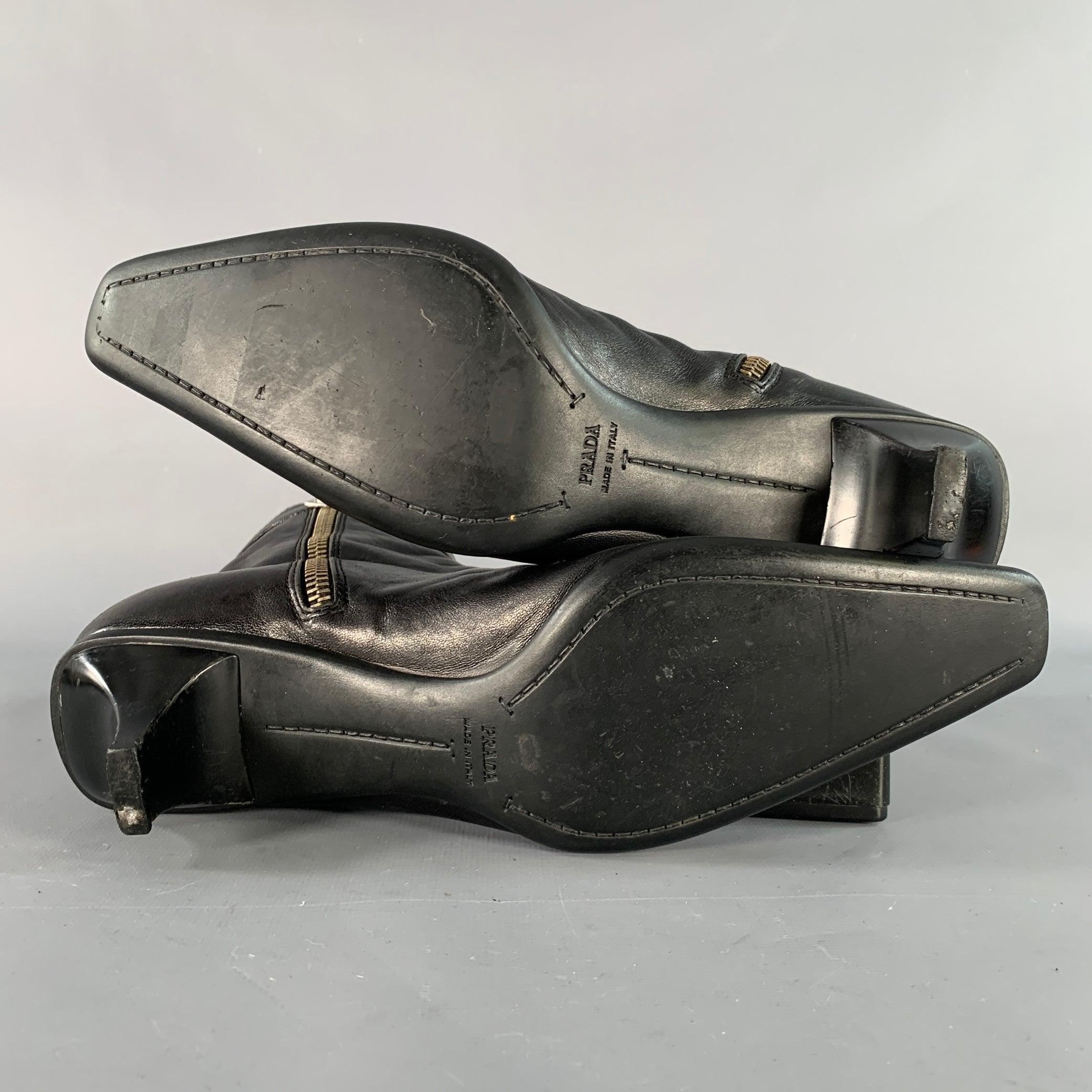 PRADA Size 7 Black Leather Kitten Heel Side Zipper Belted Ankle Boots For Sale 2