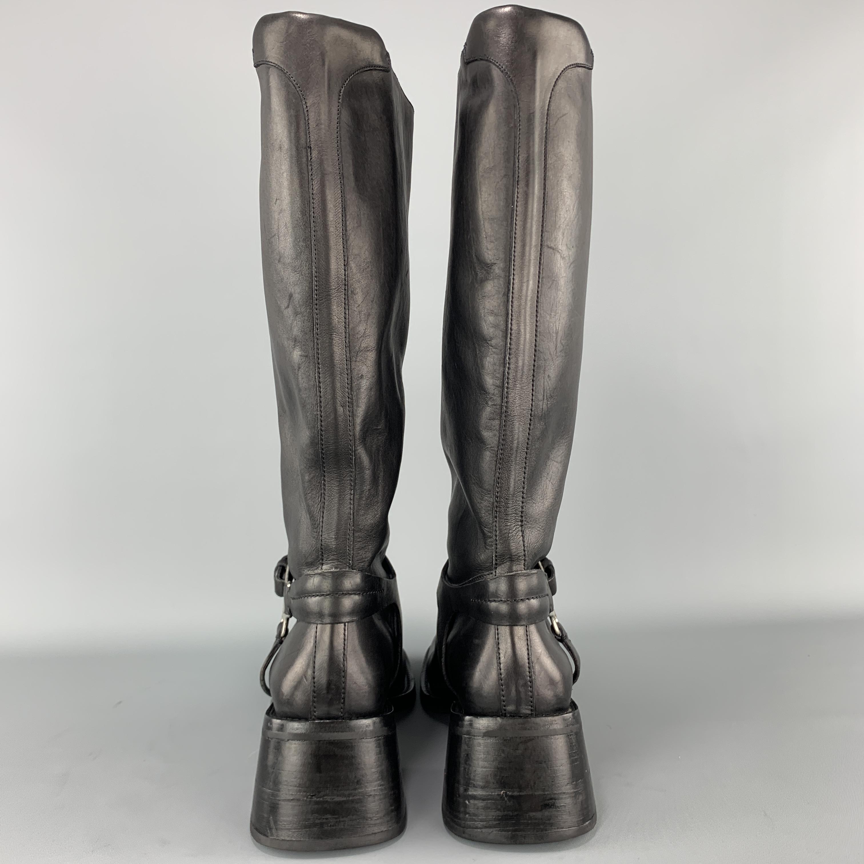 PRADA Size 7 Black Leather Knee High Harness Boots In Good Condition In San Francisco, CA