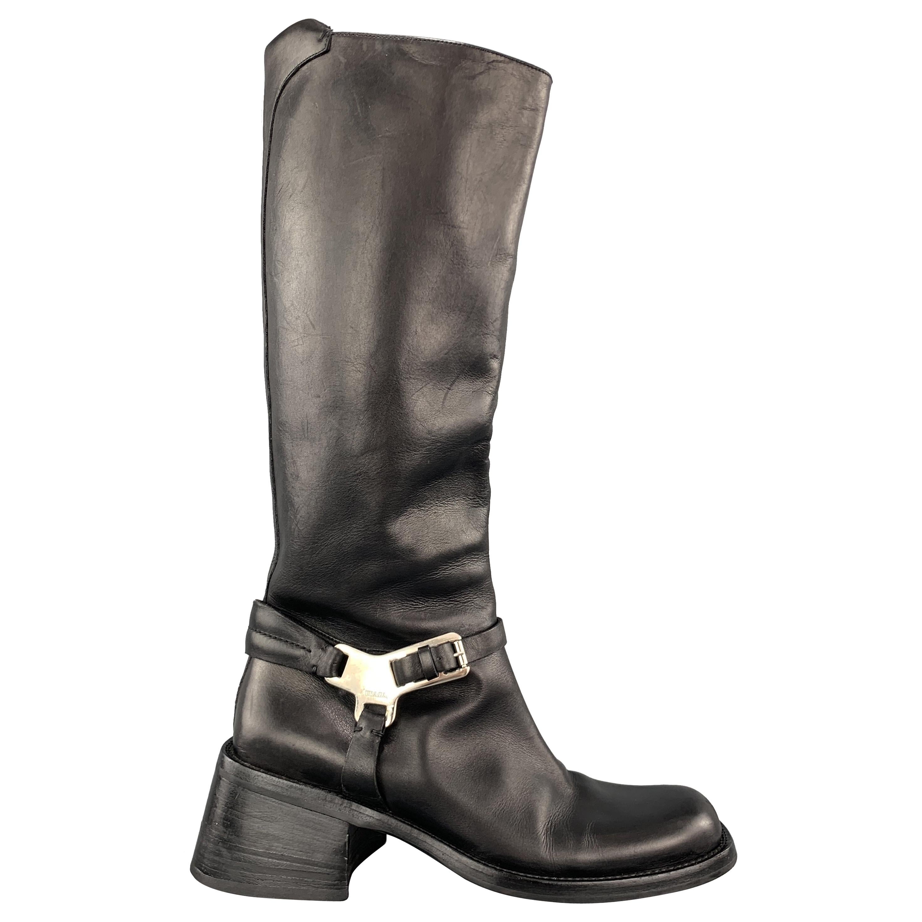 PRADA Size 7 Black Leather Knee High Harness Boots