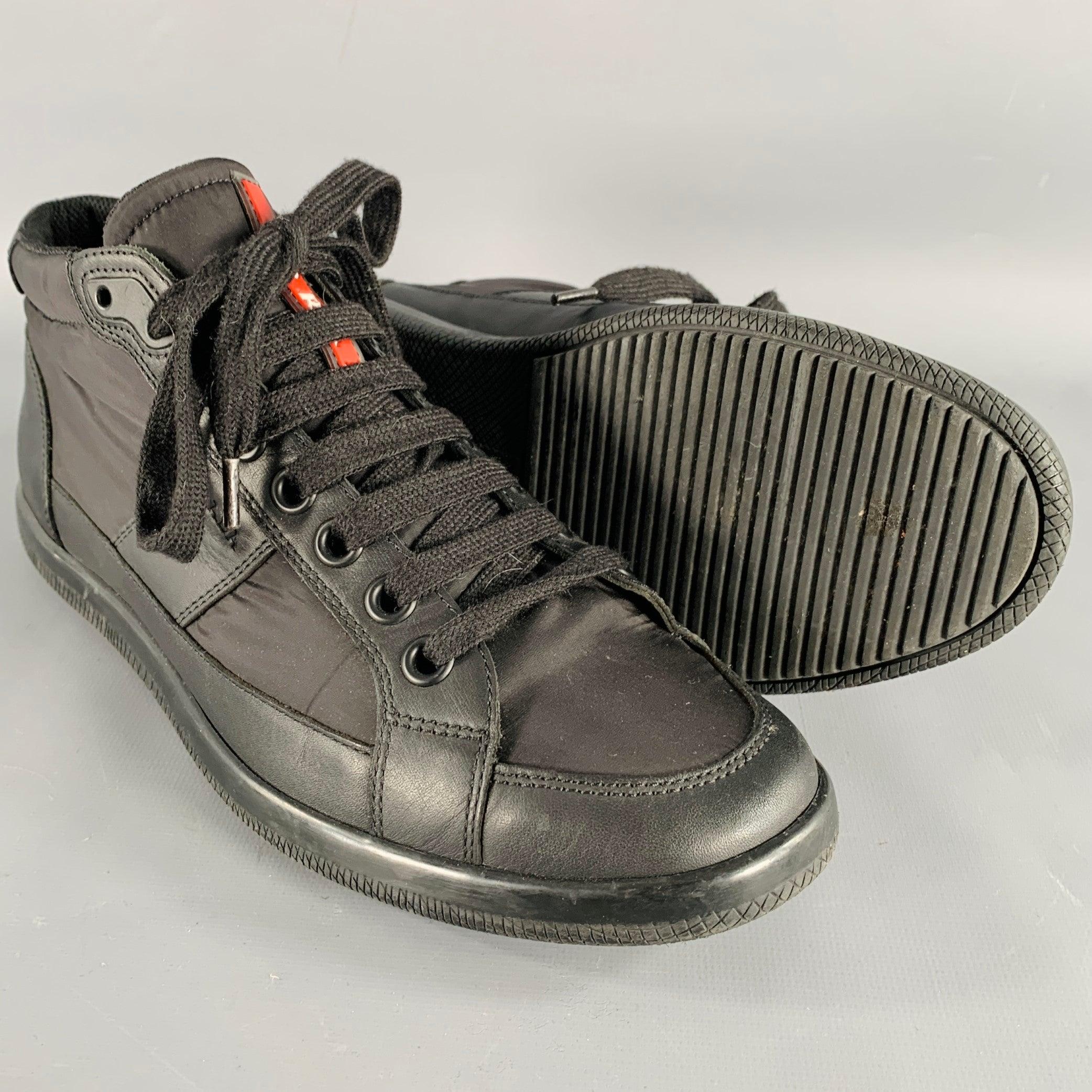 Uomo PRADA Taglia 7 Scarpe da ginnastica nere in nylon e pelle con lacci in tessuti misti in vendita
