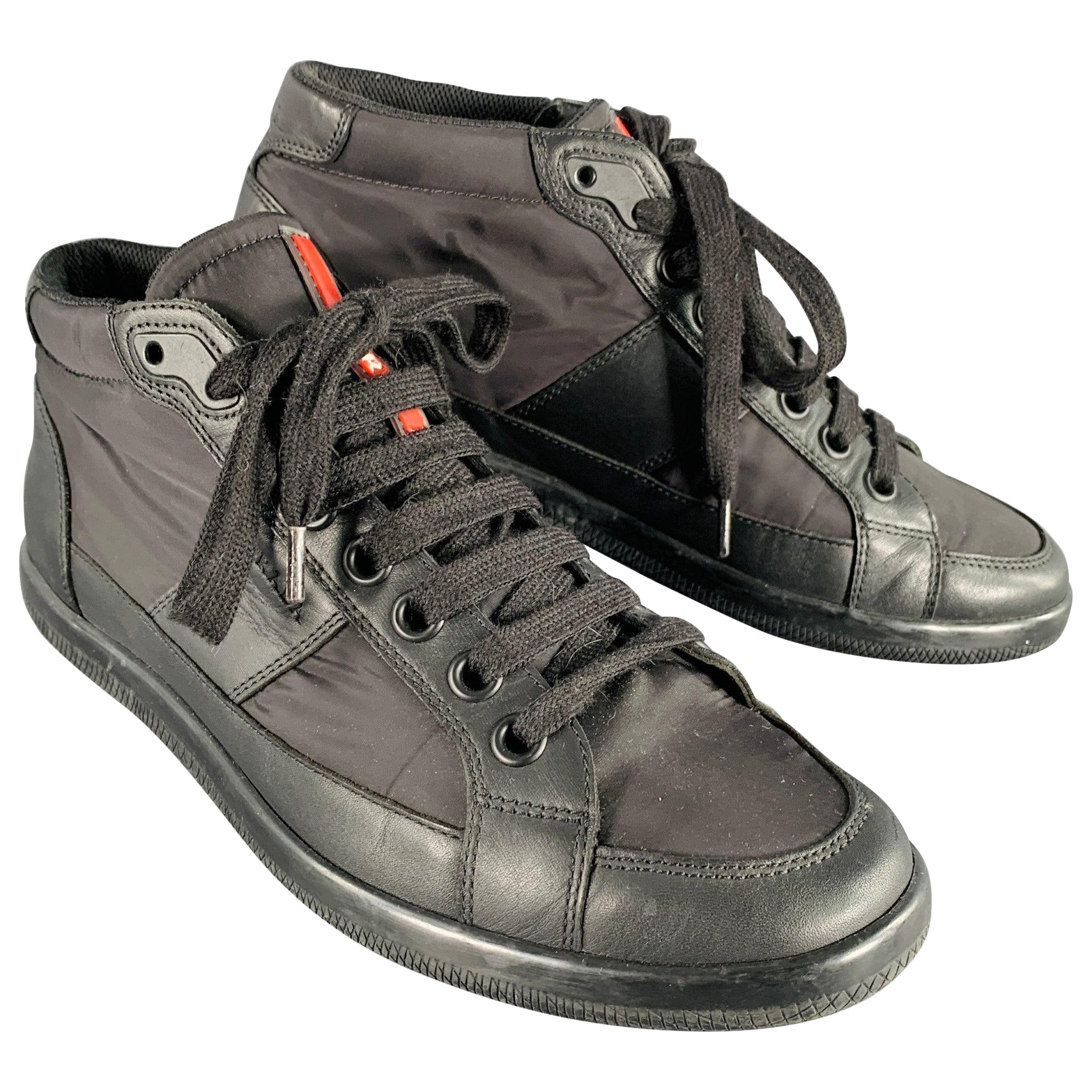 PRADA Größe 7 Schwarz Mixed Fabrics Nylon Leder Lace-Up Turnschuhe mit Schnürung