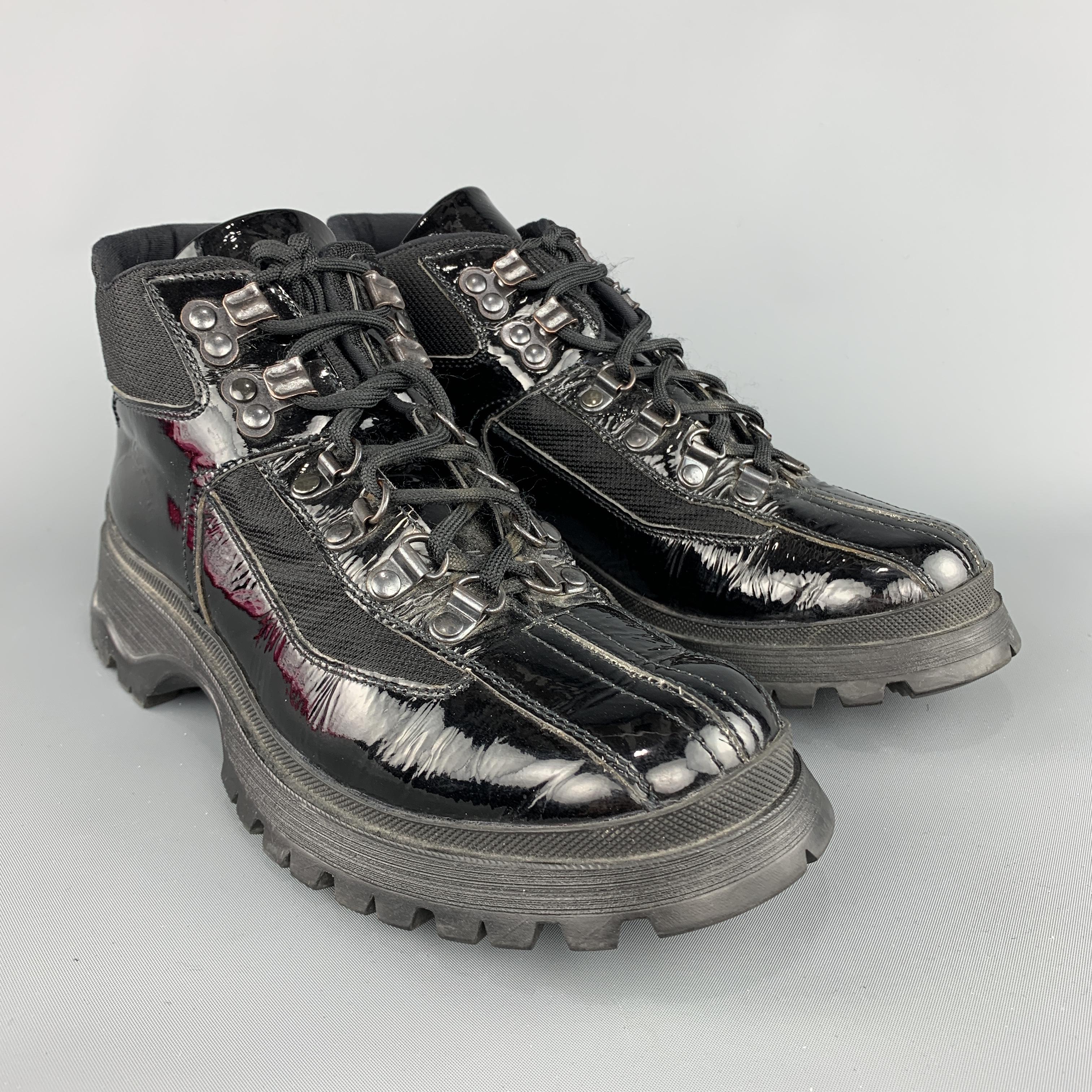  PRADA Size 7 Black Nylon Patent Leather Hiking Boot Sneakers In Good Condition In San Francisco, CA