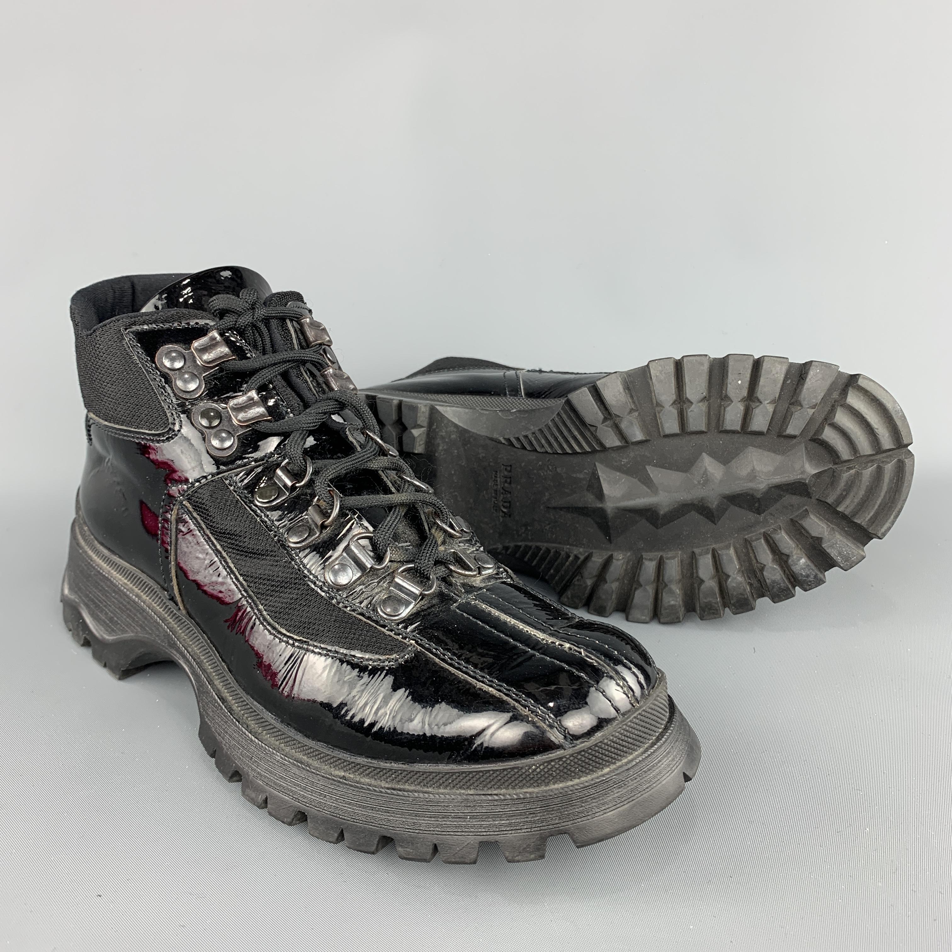Women's  PRADA Size 7 Black Nylon Patent Leather Hiking Boot Sneakers