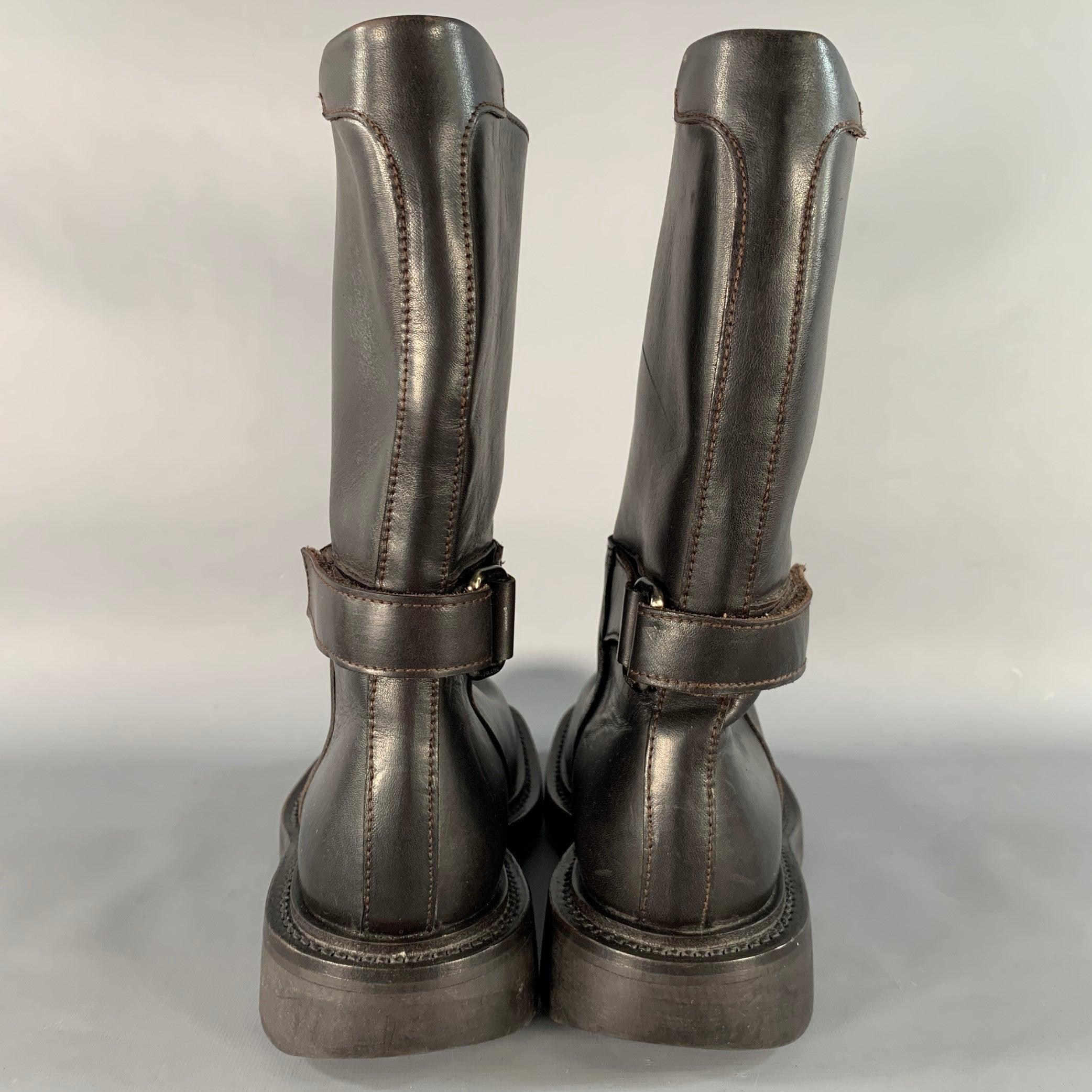 PRADA Size 7 Brown Leather Hook Loop Engineer Boots In Good Condition For Sale In San Francisco, CA