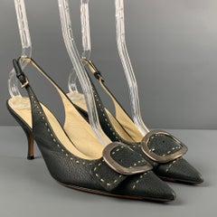 PRADA Size 7 Navy Leather Buckle Slingback Pumps