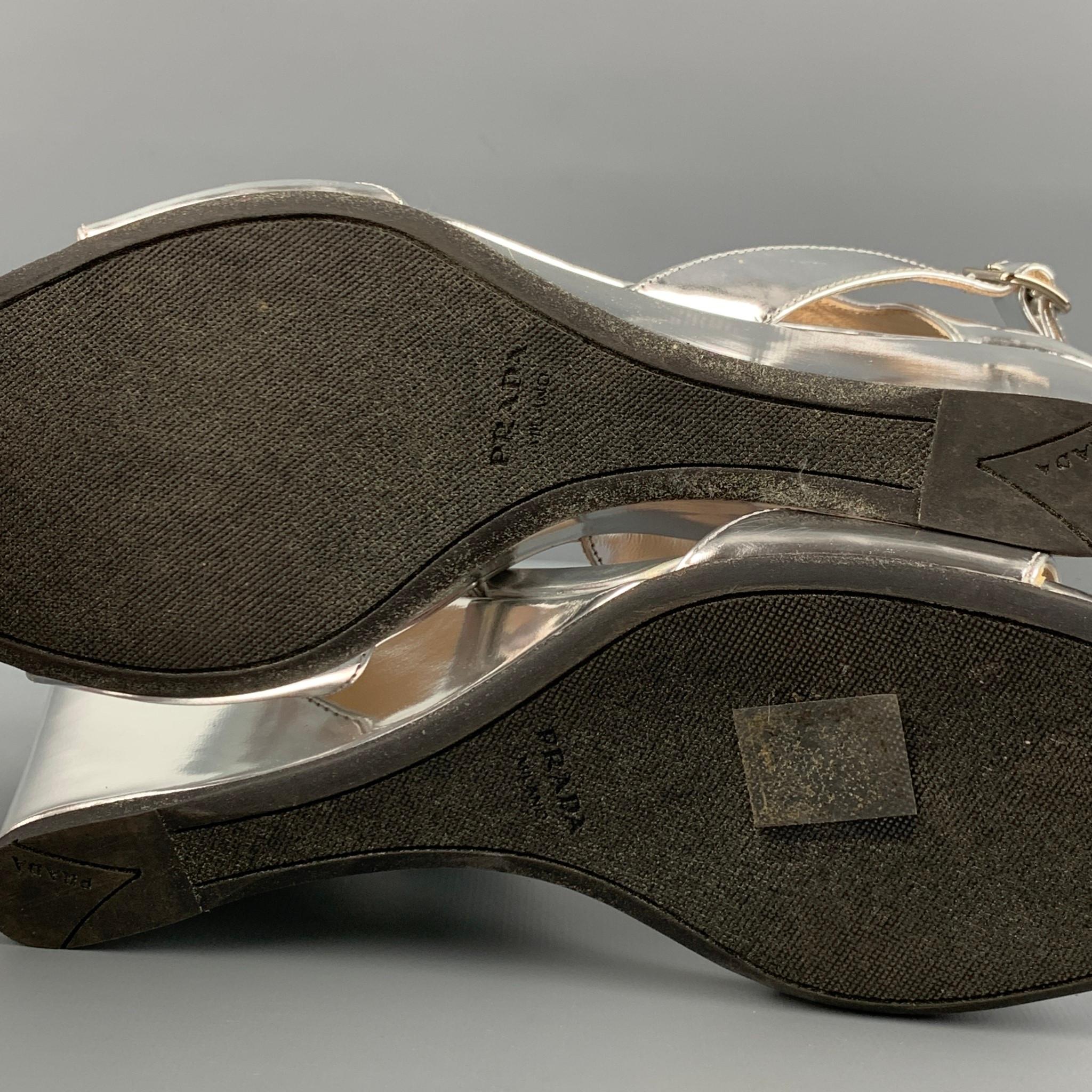 PRADA Size 7 Silver Metallic Slingback Wedges 1
