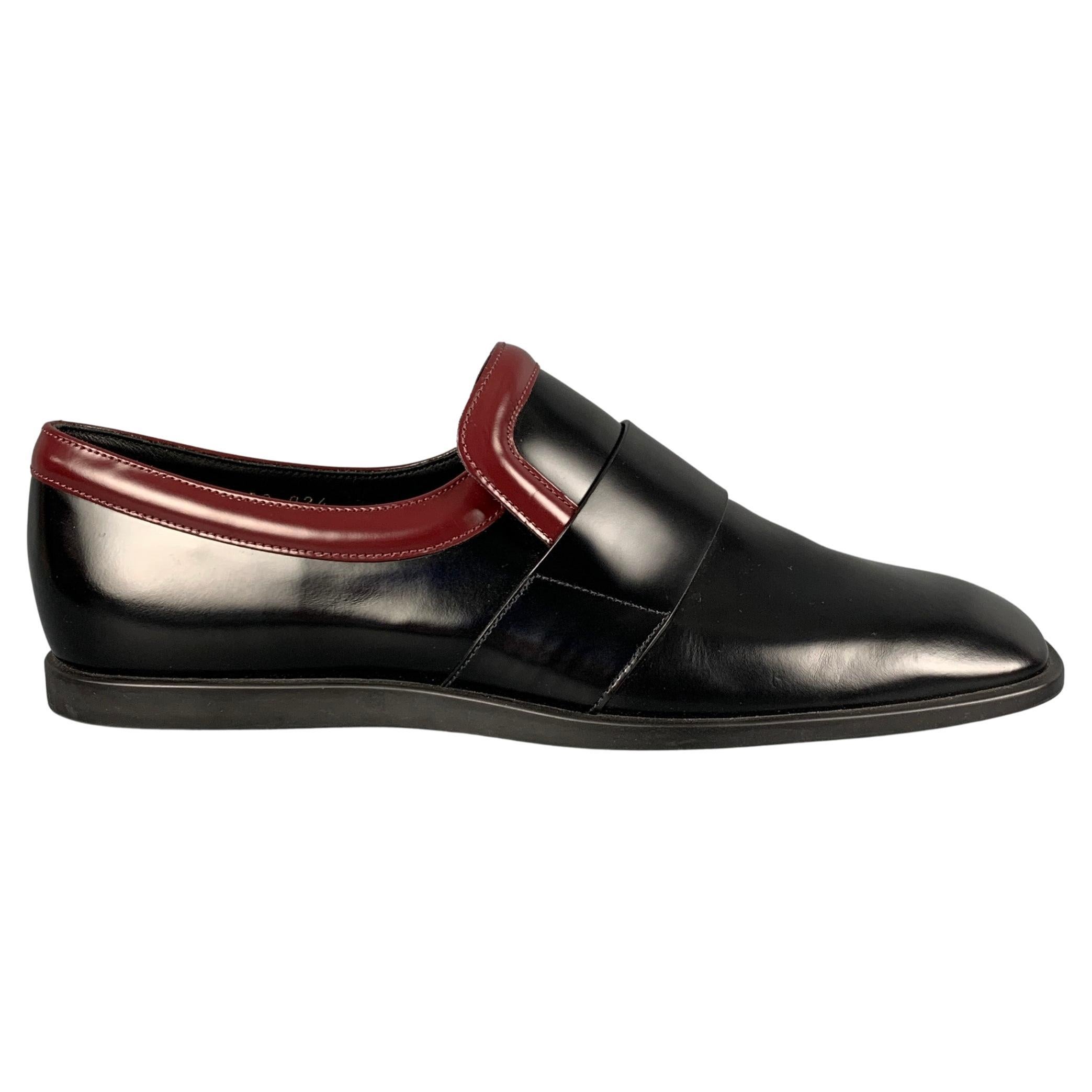 PRADA Size 7.5 Black Burgundy Two Toned Leather Square Toe Loafers