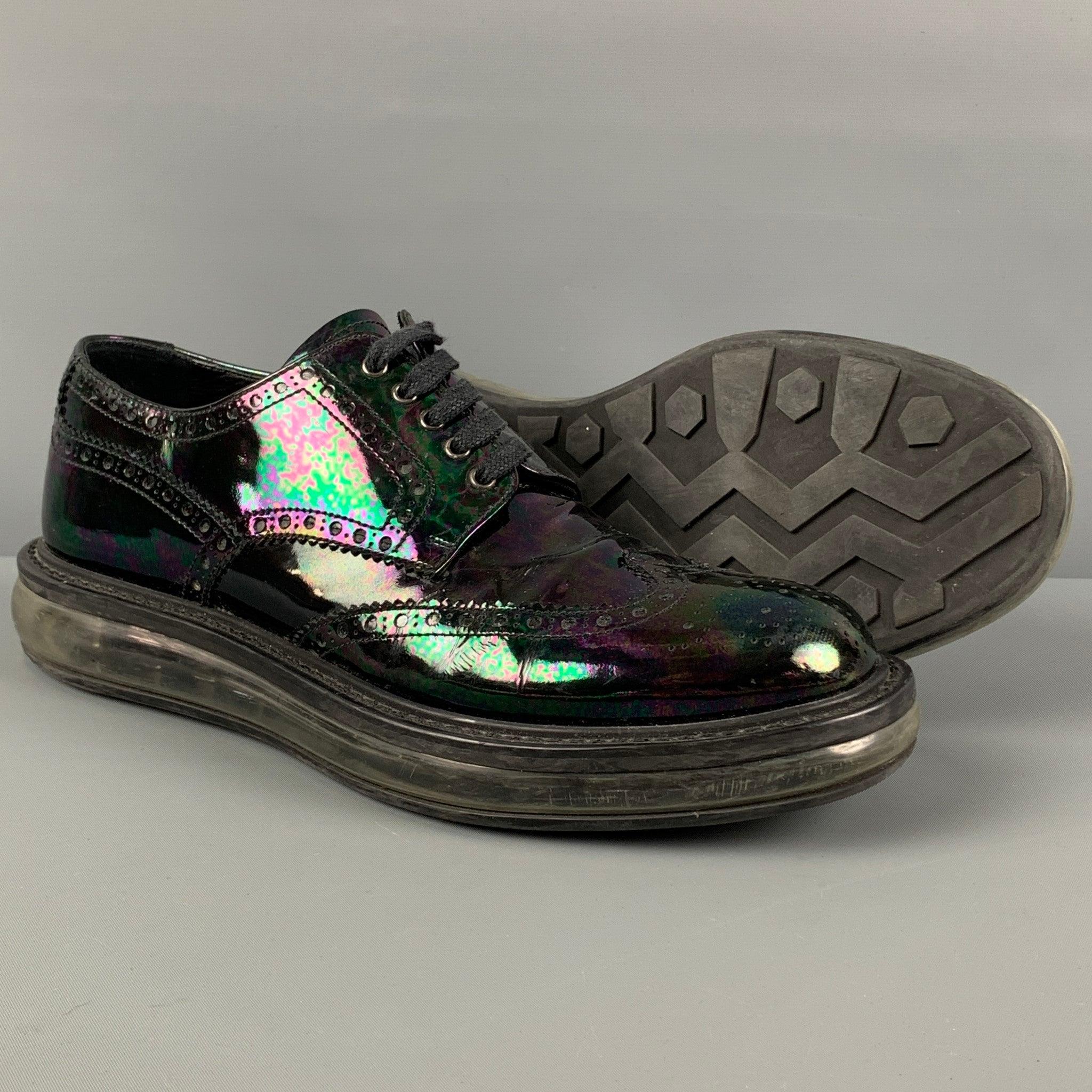 PRADA Size 7.5 Black Iridescent Leather Platform Lace Up Shoes In Good Condition For Sale In San Francisco, CA