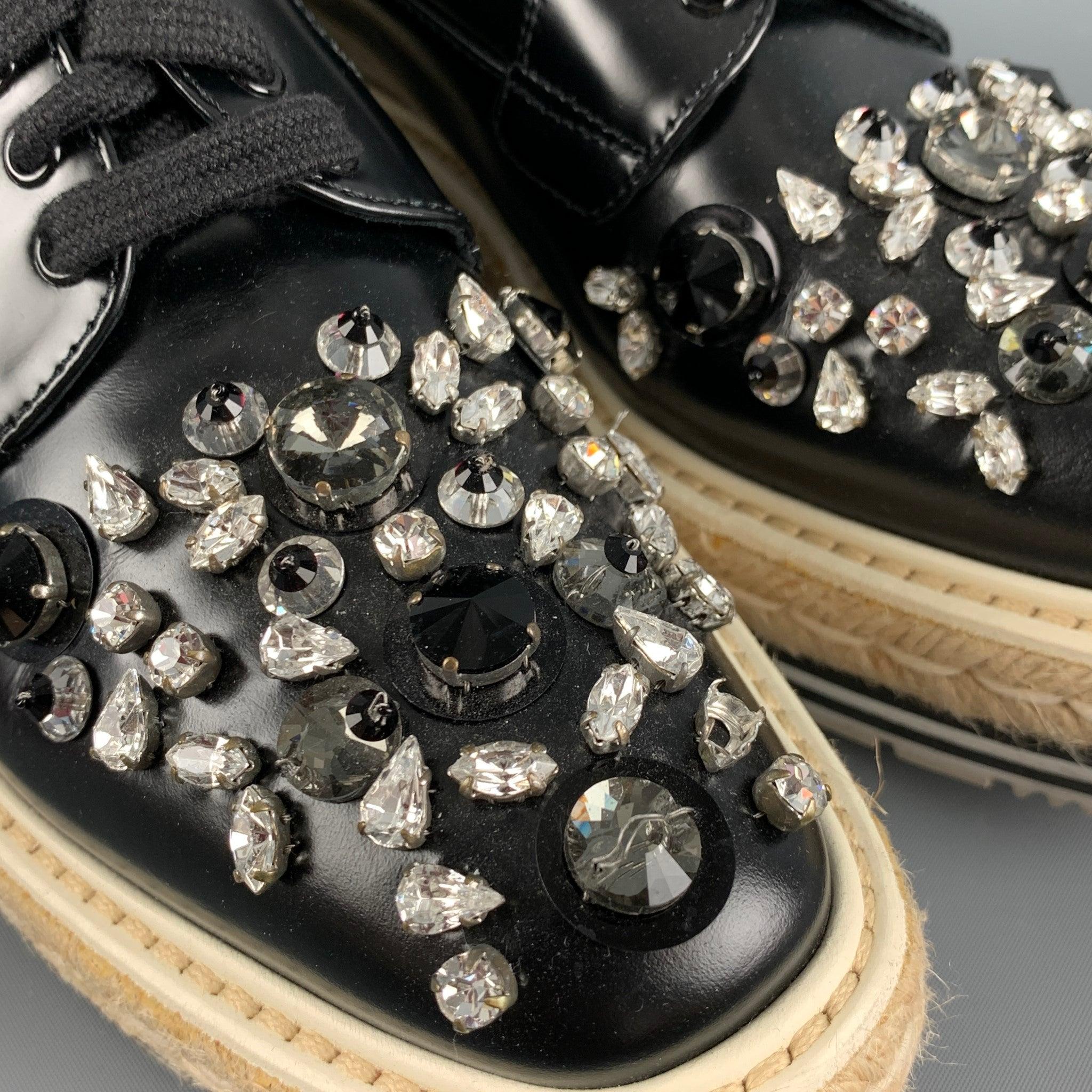 PRADA Size 7.5 Black Leather Applique Platform Laces In Good Condition For Sale In San Francisco, CA
