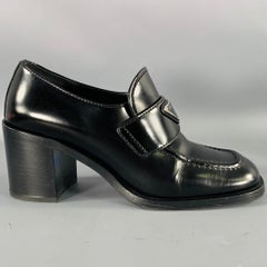 PRADA Size 7.5 Black Leather Penny Loafer Pumps