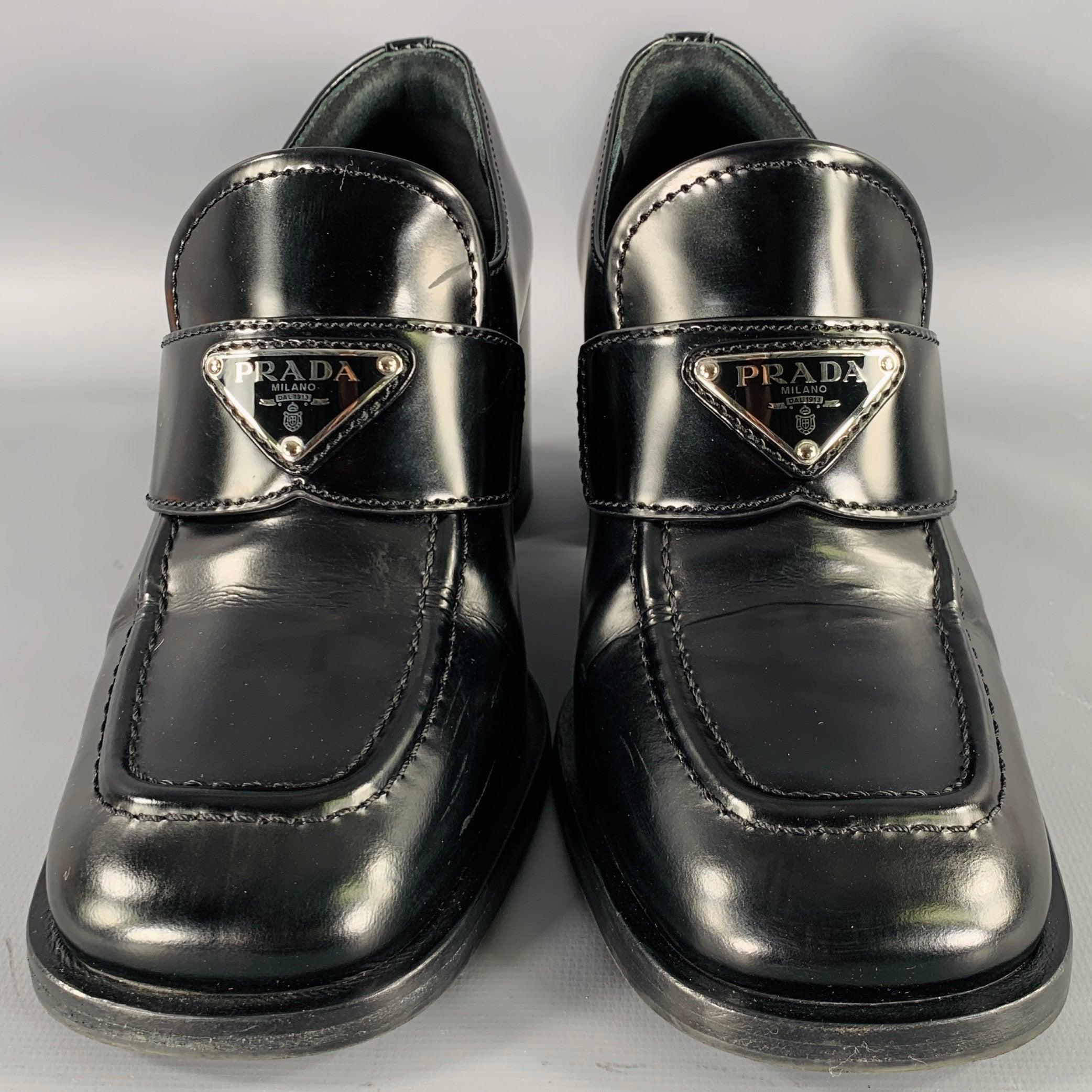Women's PRADA Size 7.5 Black Leather Penny Loafer Pumps