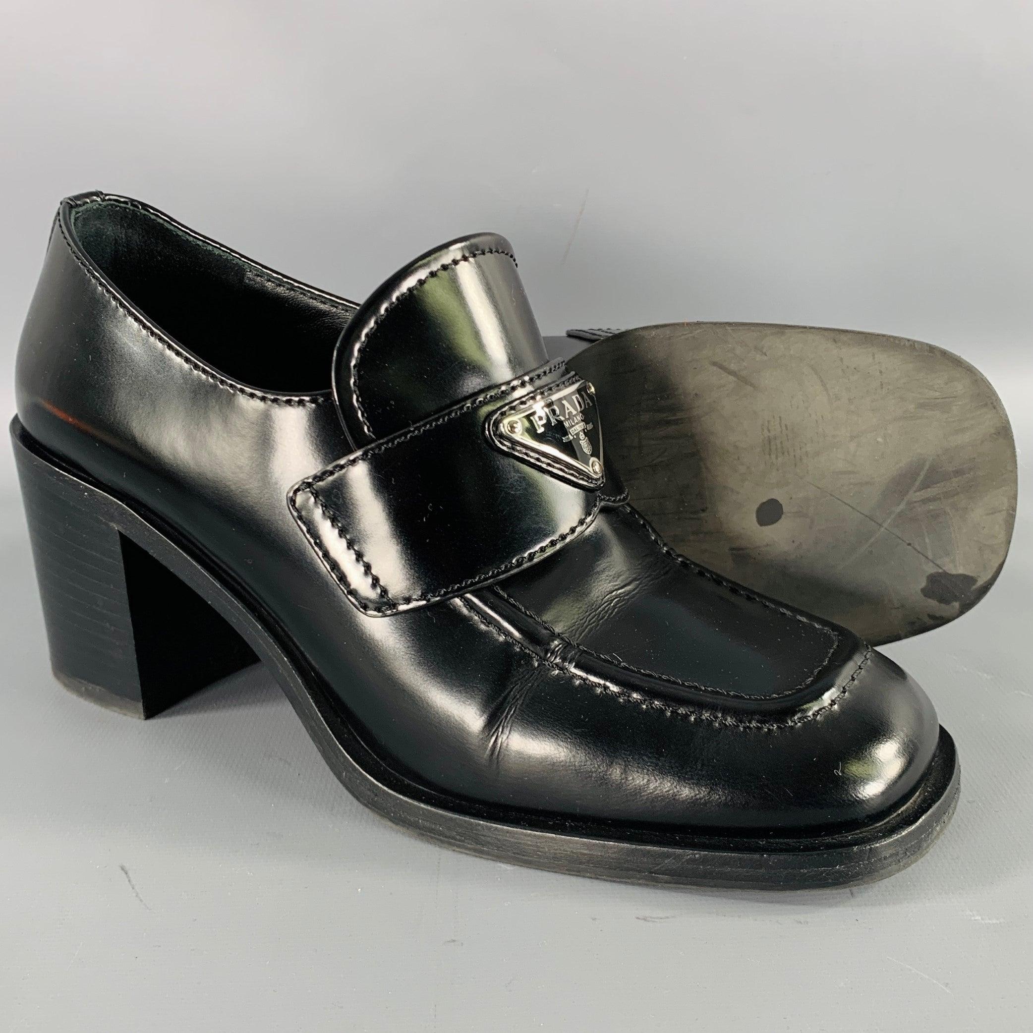 PRADA Size 7.5 Black Leather Penny Loafer Pumps 1