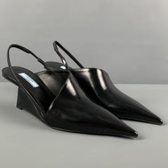 PRADA Size 7.5 Black Leather Slingback Wedge Pumps