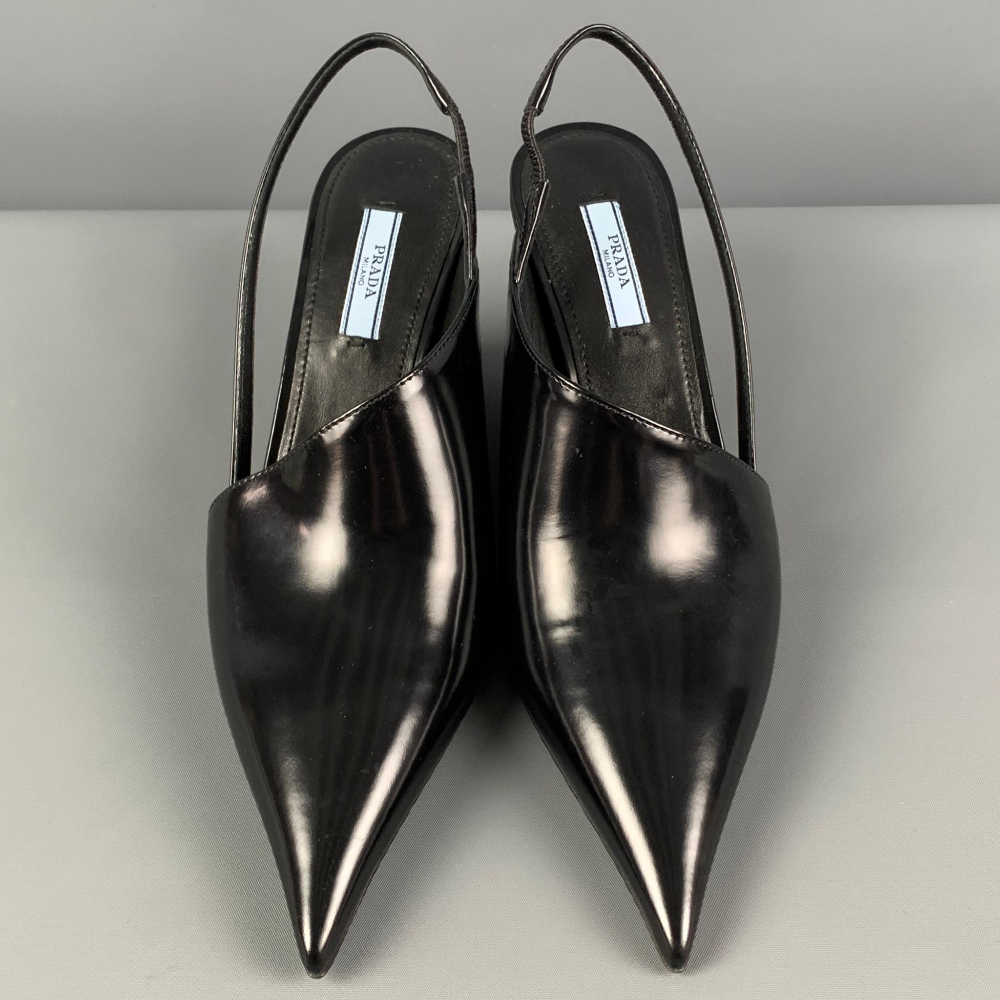 PRADA Size 7.5 Black Leather Slingback Wedge Pumps In New Condition In San Francisco, CA