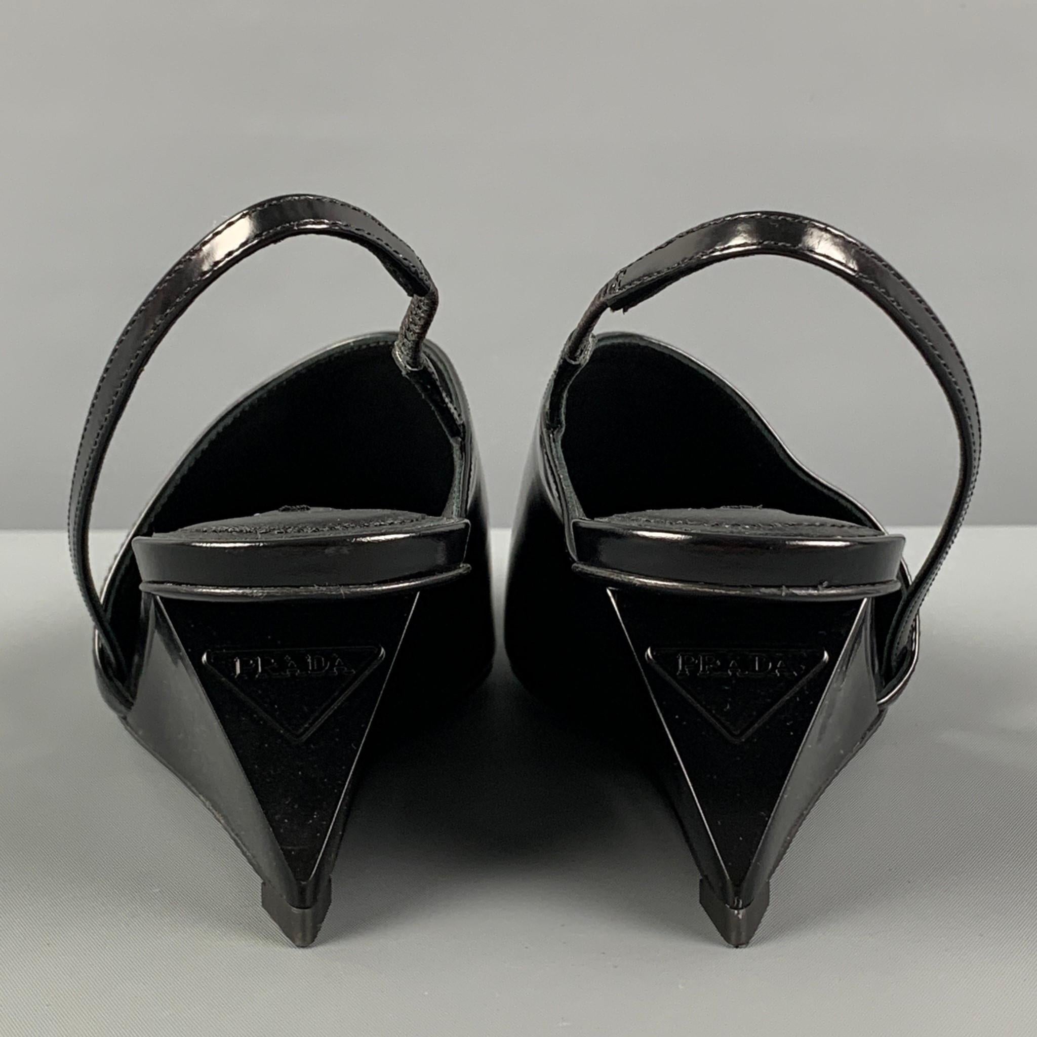 Women's PRADA Size 7.5 Black Leather Slingback Wedge Pumps
