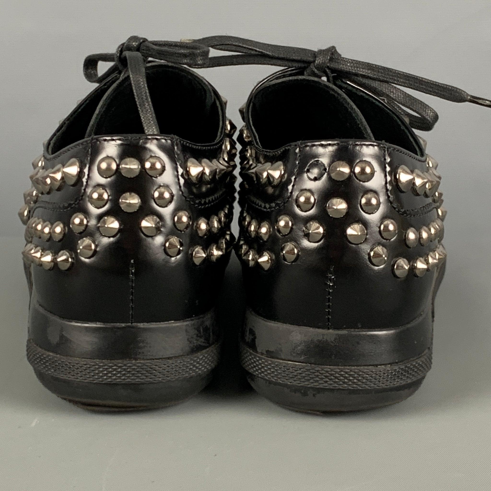 PRADA Size 7.5 Black Leather Studded Lace Up Laces In Good Condition For Sale In San Francisco, CA