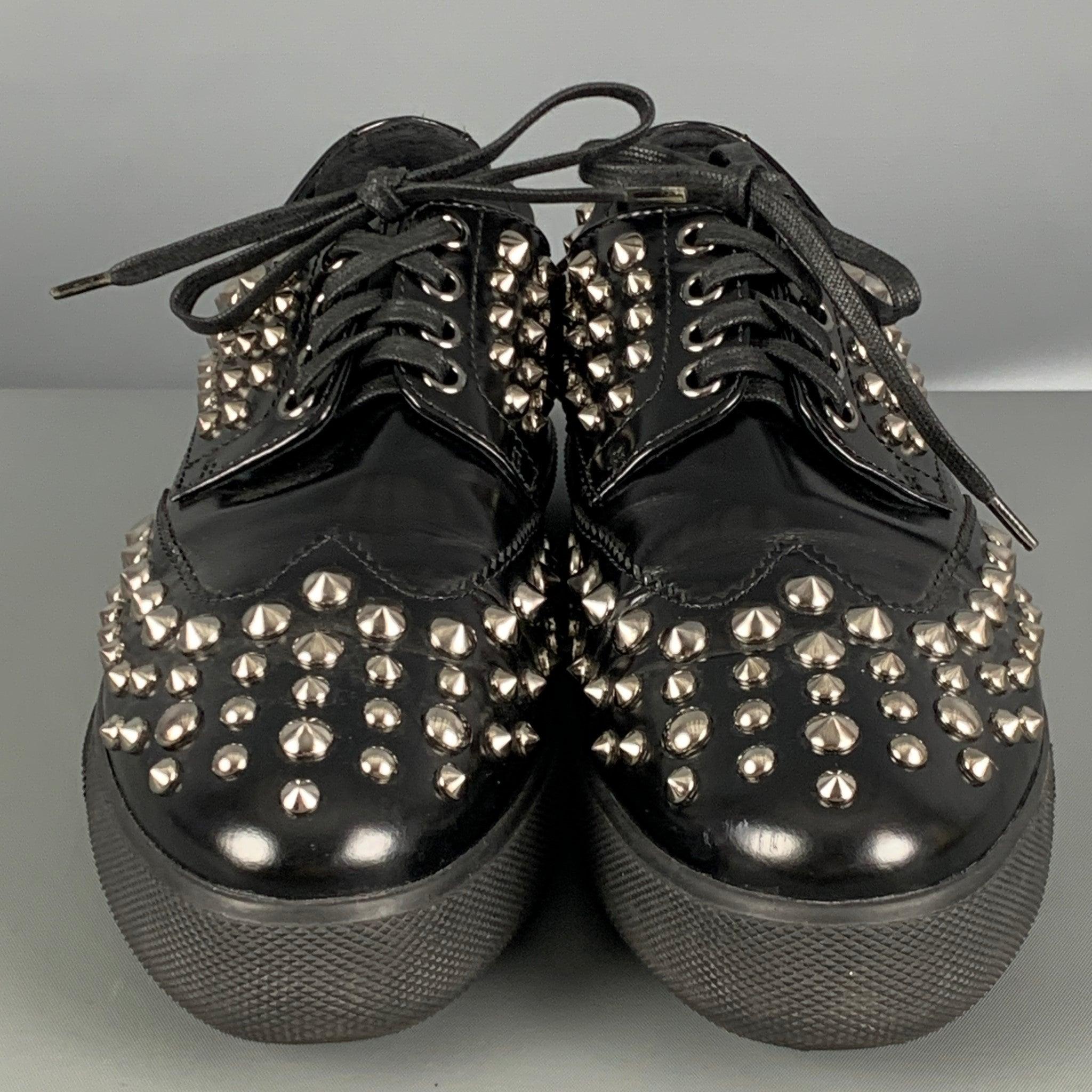 Women's PRADA Size 7.5 Black Leather Studded Lace Up Laces For Sale