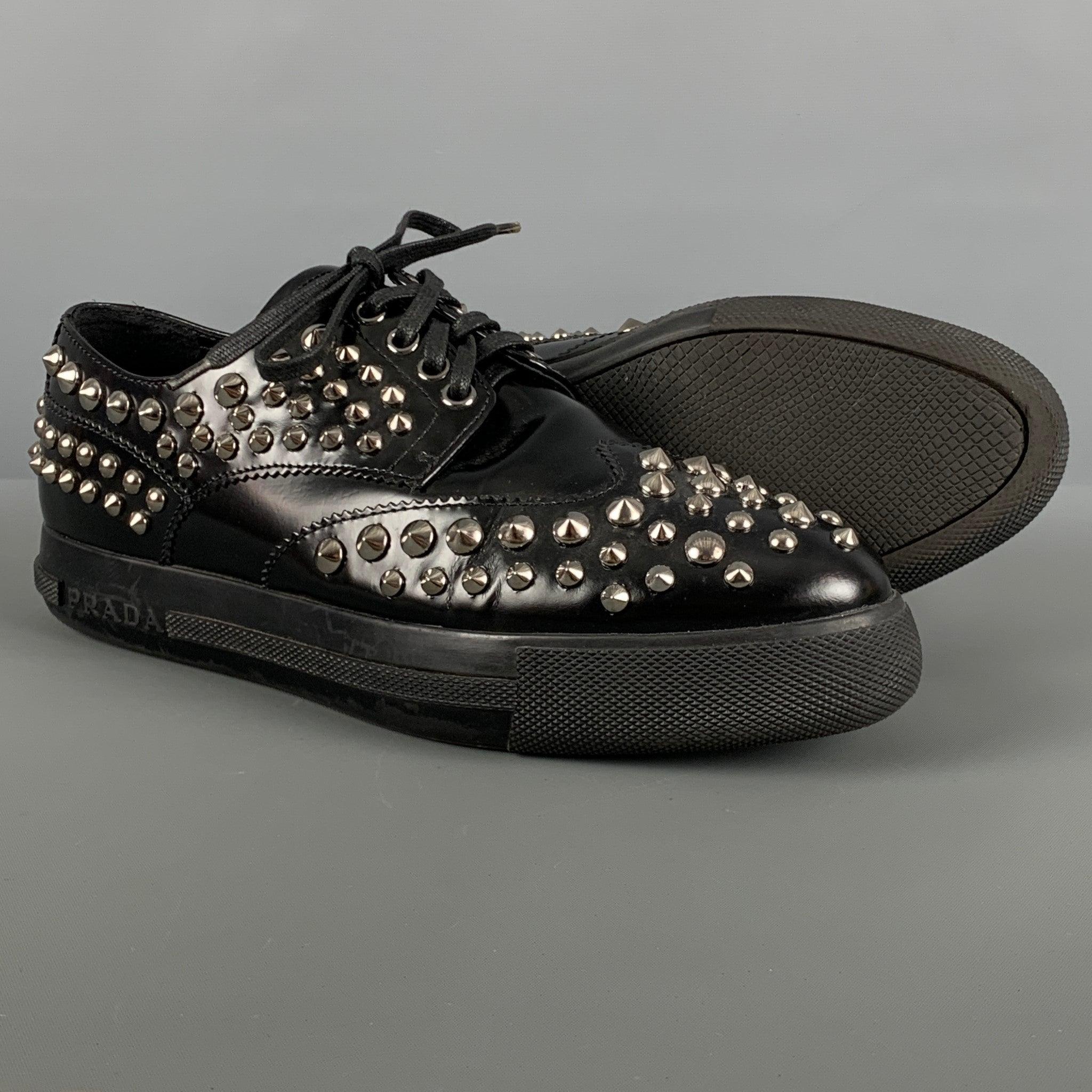 PRADA Size 7.5 Black Leather Studded Lace Up Laces For Sale 1