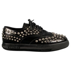 PRADA Size 7.5 Black Leather Studded Lace Up Laces