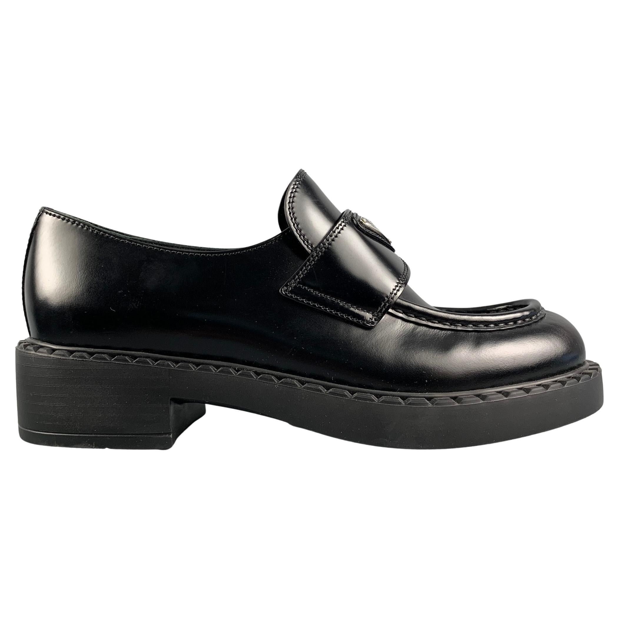 PRADA Size 7.5 Black Leather Triangle Logo Loafers