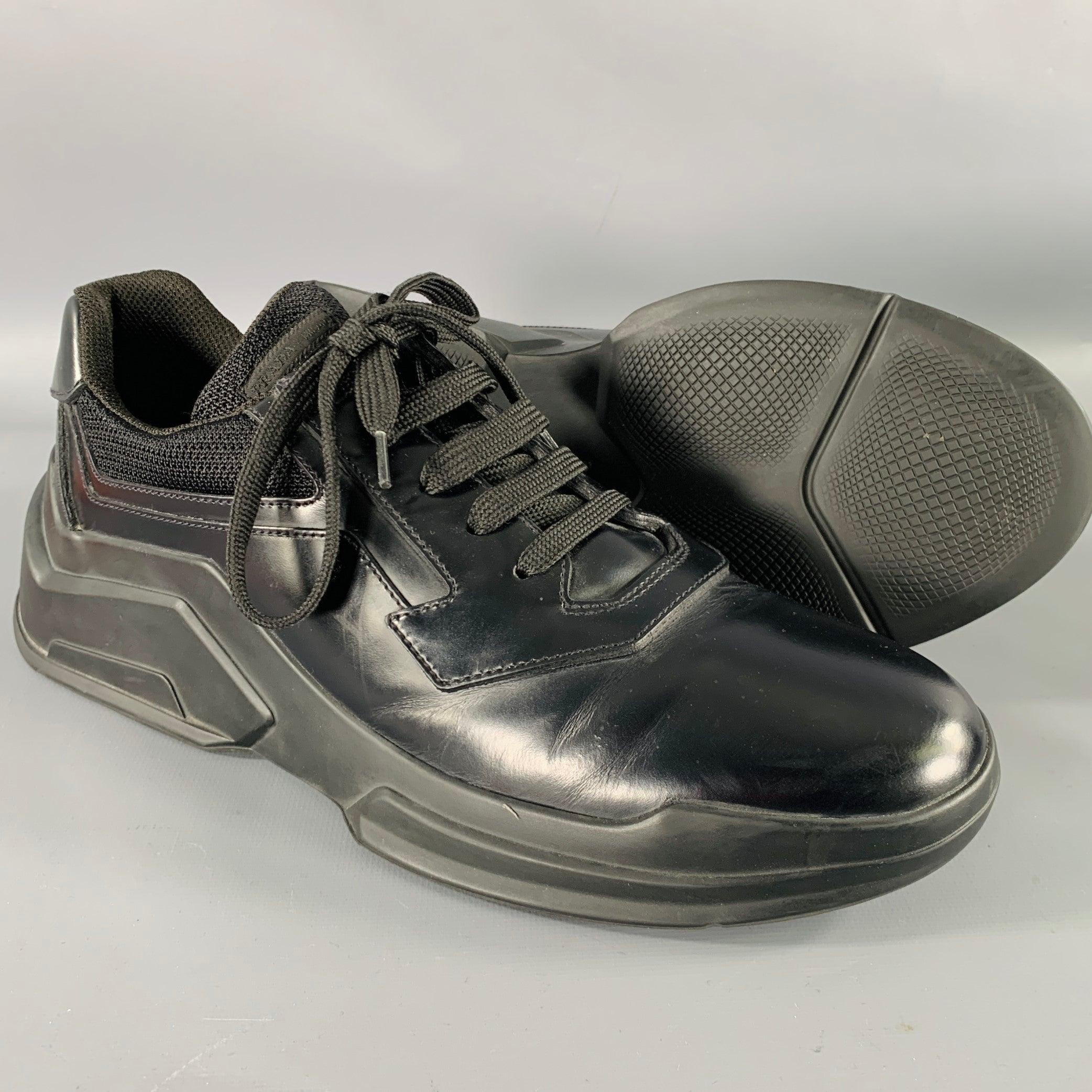 De los hombres PRADA Talla 7.5 Zapatillas de cuero negro de malla en venta