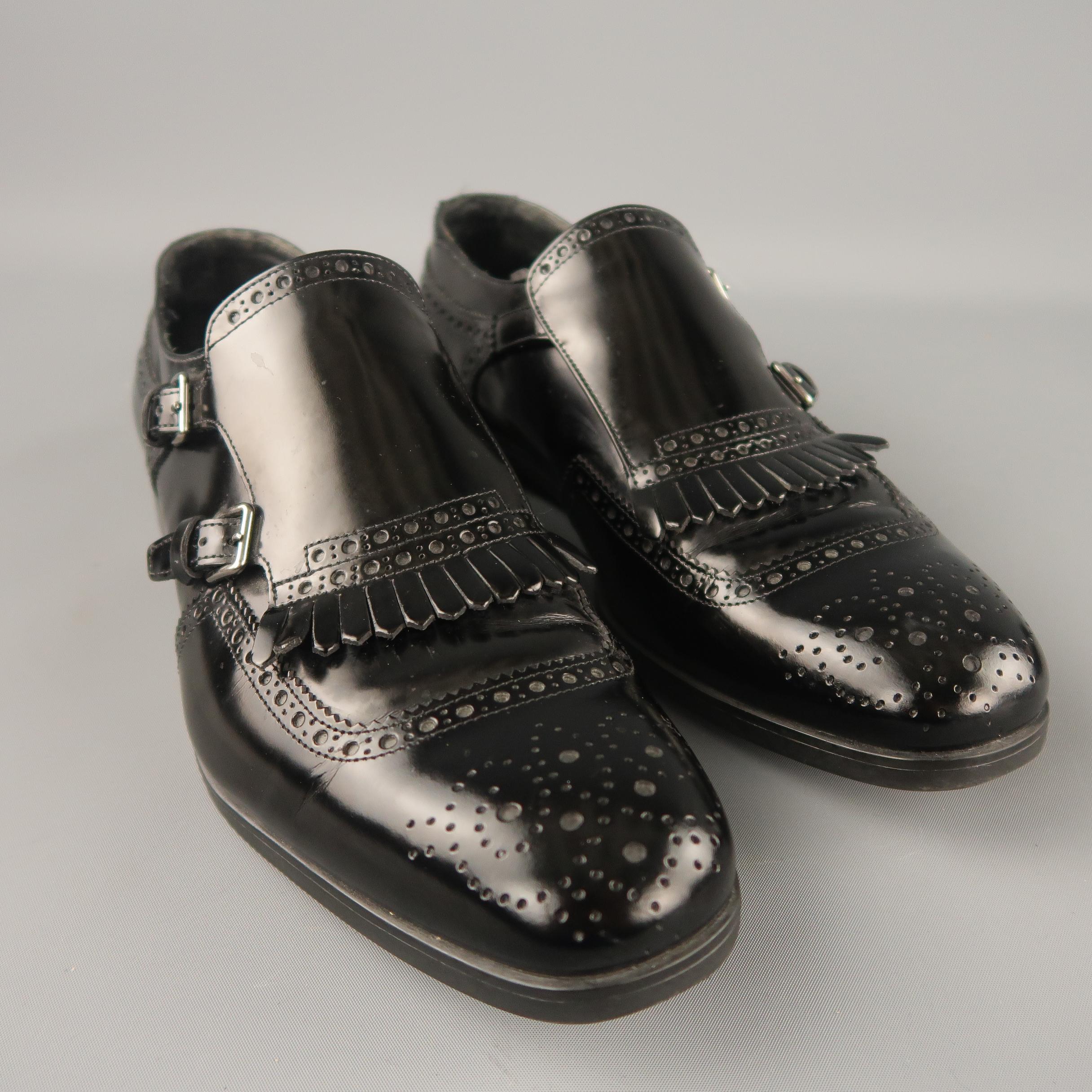 PRADA Size 7.5 Black Perforated Leather Double Monk Strap Loafers In Excellent Condition In San Francisco, CA