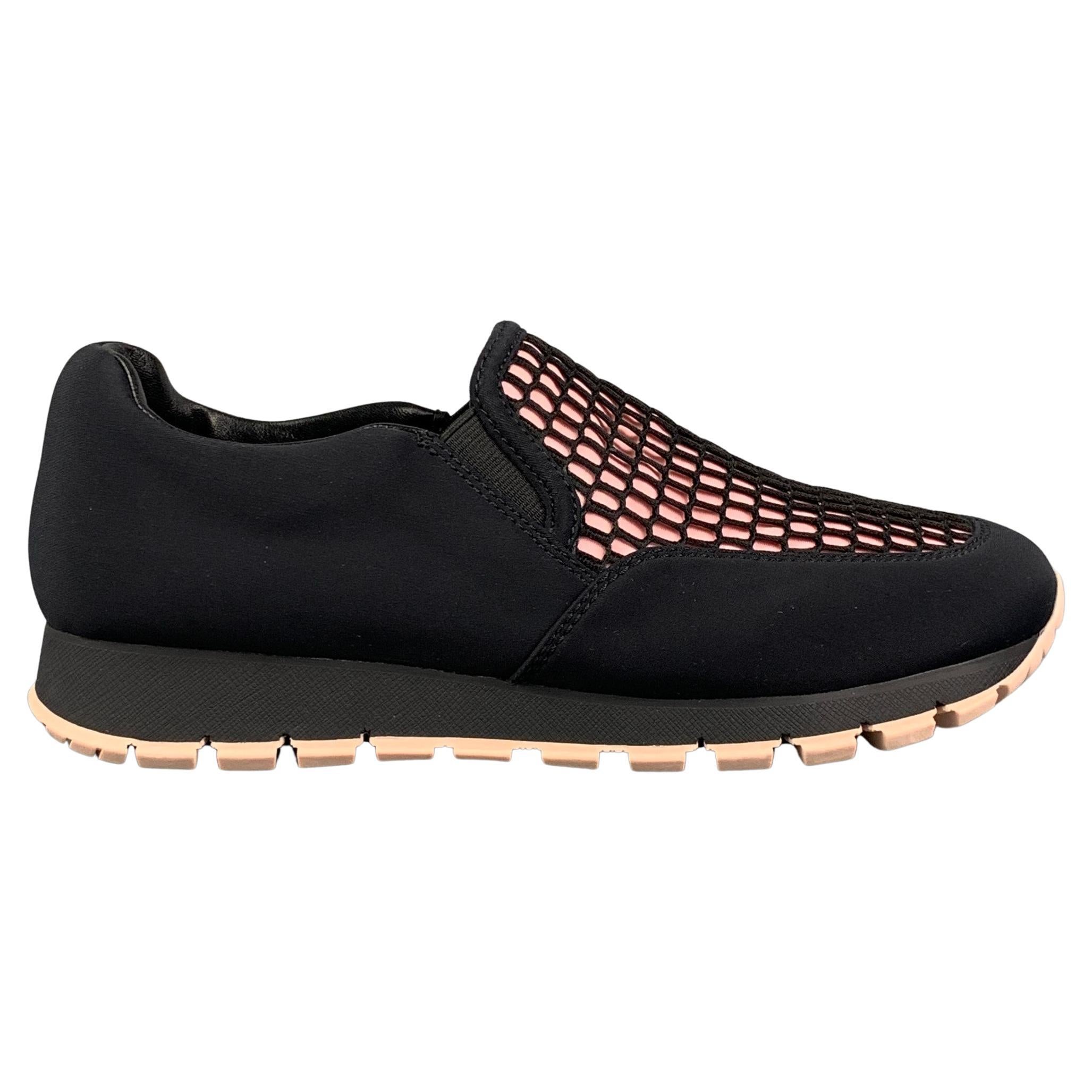 PRADA Size 7.5 Black & Pink Nylon Mesh Slip Sneakers