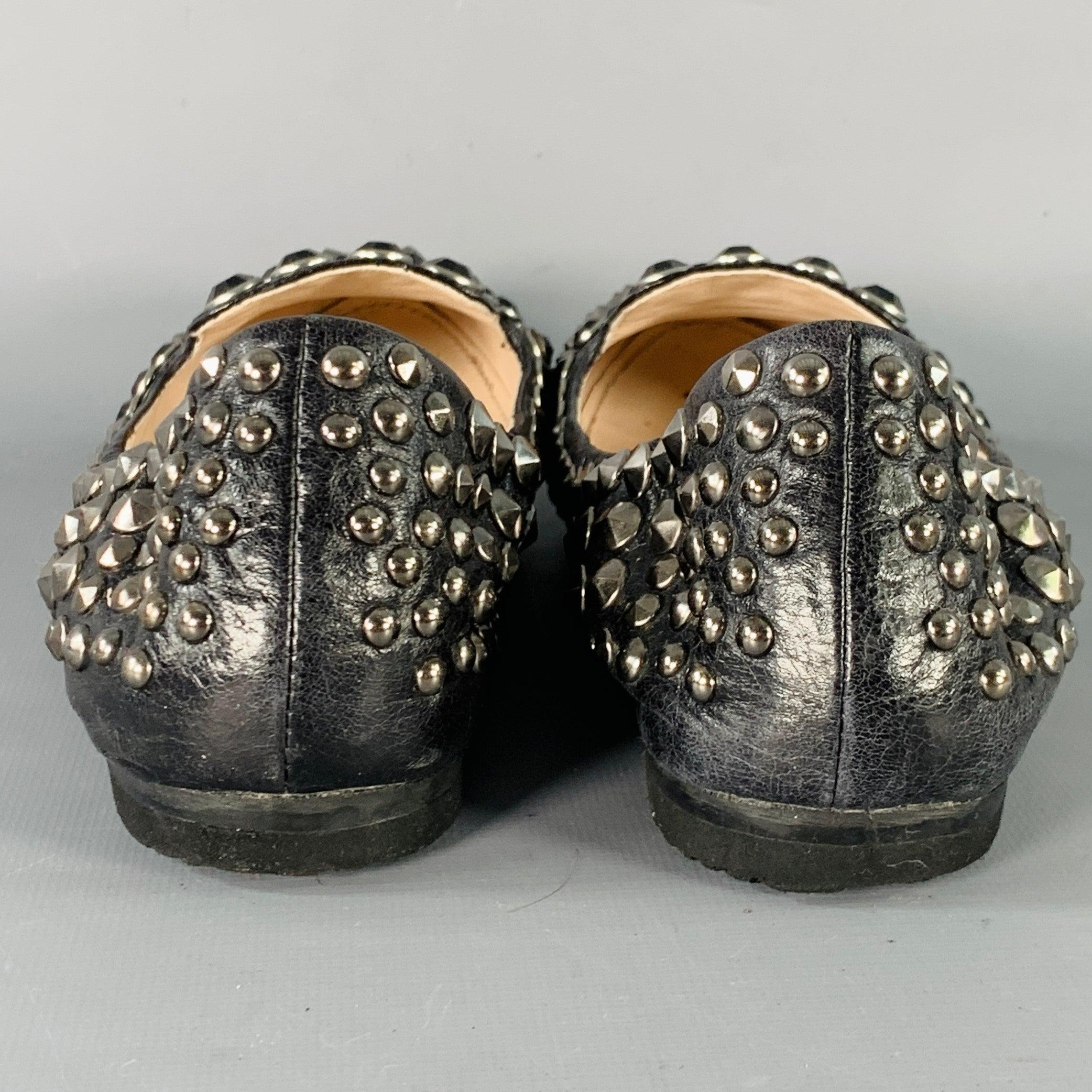 PRADA Size 7.5 Black Silver Leather Studded Flats In Good Condition For Sale In San Francisco, CA