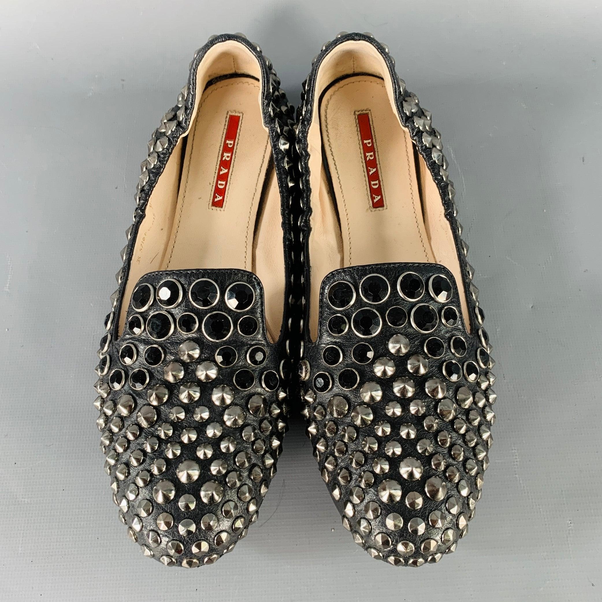 Women's PRADA Size 7.5 Black Silver Leather Studded Flats For Sale