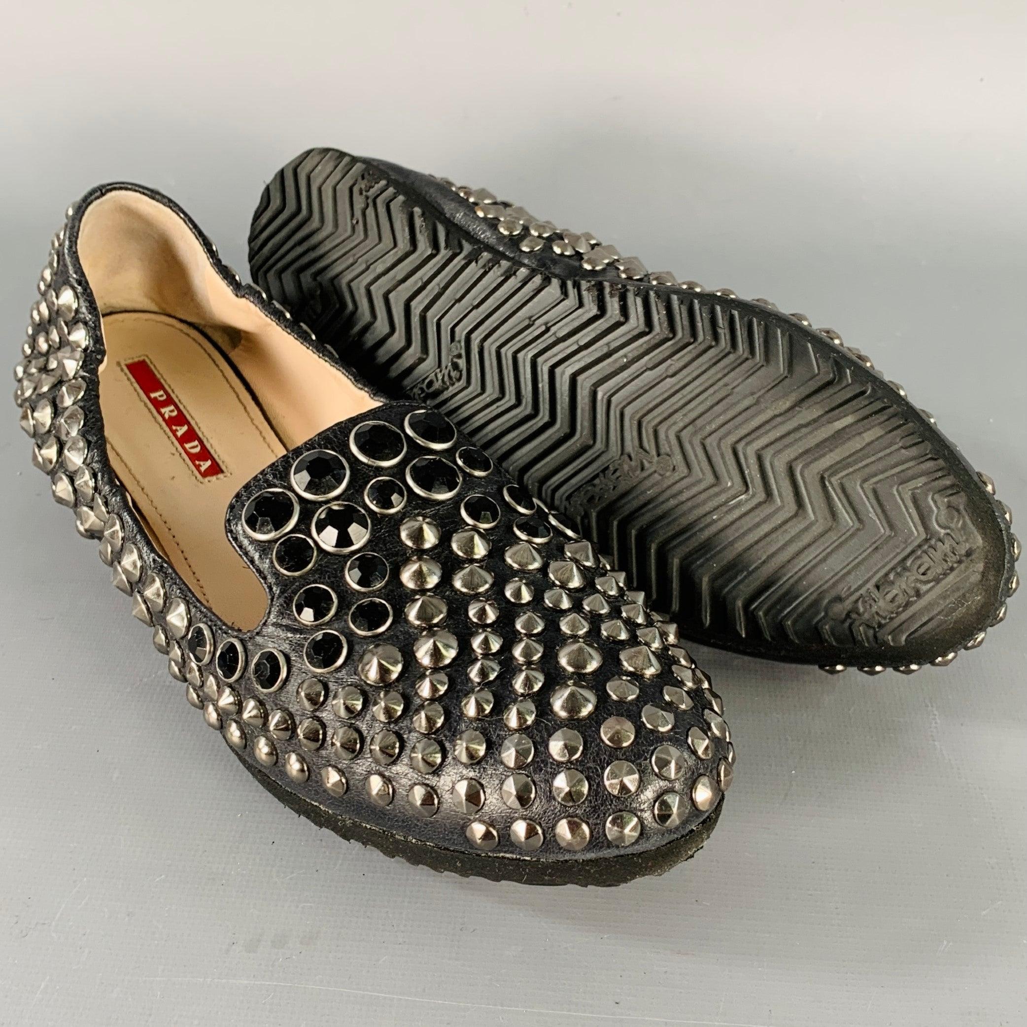 PRADA Size 7.5 Black Silver Leather Studded Flats For Sale 1
