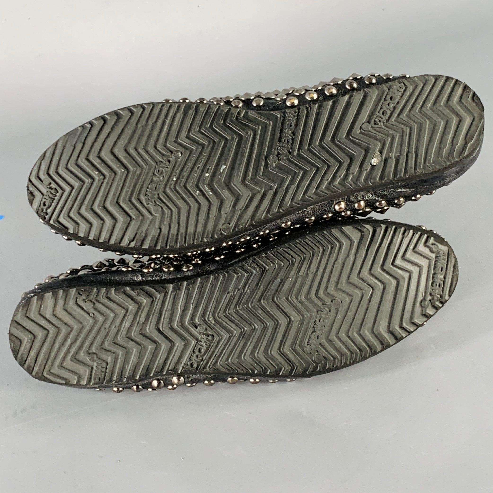 PRADA Size 7.5 Black Silver Leather Studded Flats For Sale 2