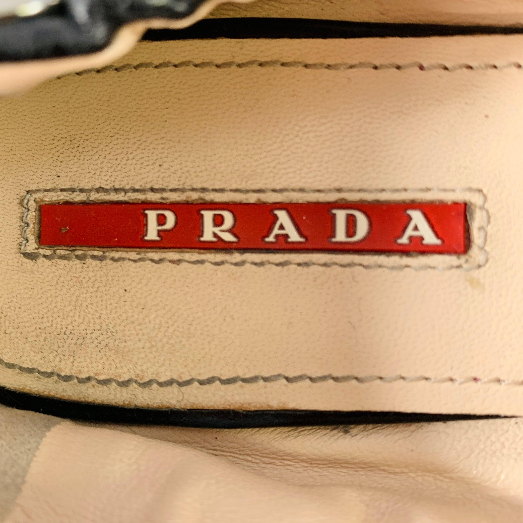 PRADA Size 7.5 Black Silver Leather Studded Flats For Sale 3