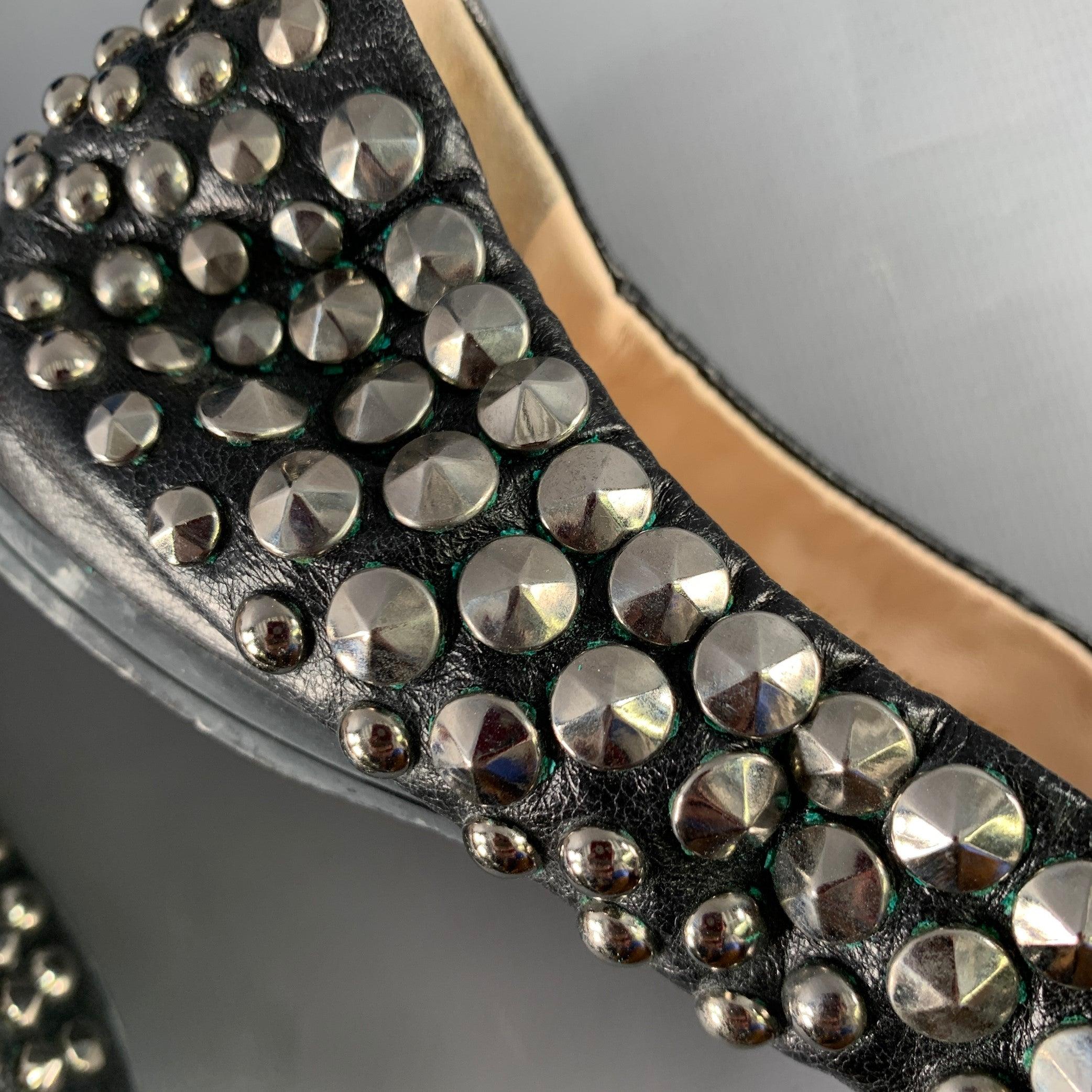 PRADA Size 7.5 Black Silver Leather Studded Slip On Loafers Flats For Sale 6
