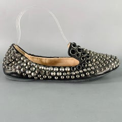 PRADA Size 7.5 Black Silver Leather Studded Slip On Loafers Flats