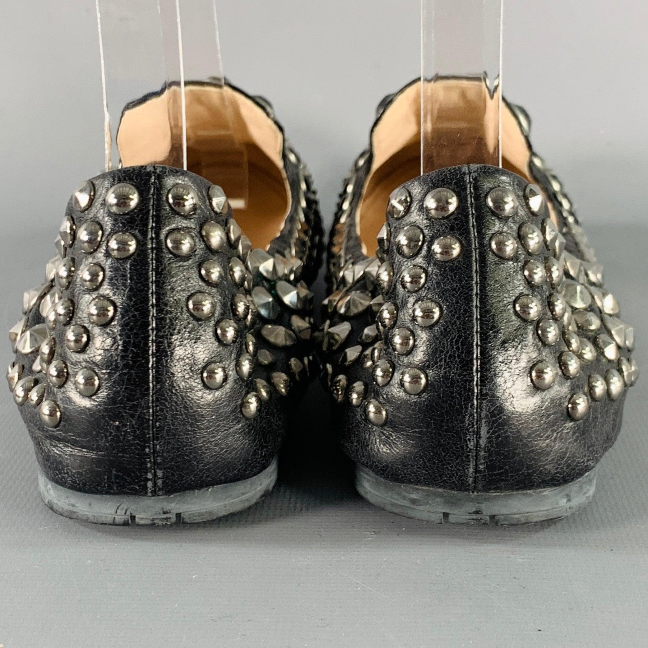 PRADA Size 7.5 Black Silver Leather Studded Slip On Loafers Flats In Good Condition For Sale In San Francisco, CA