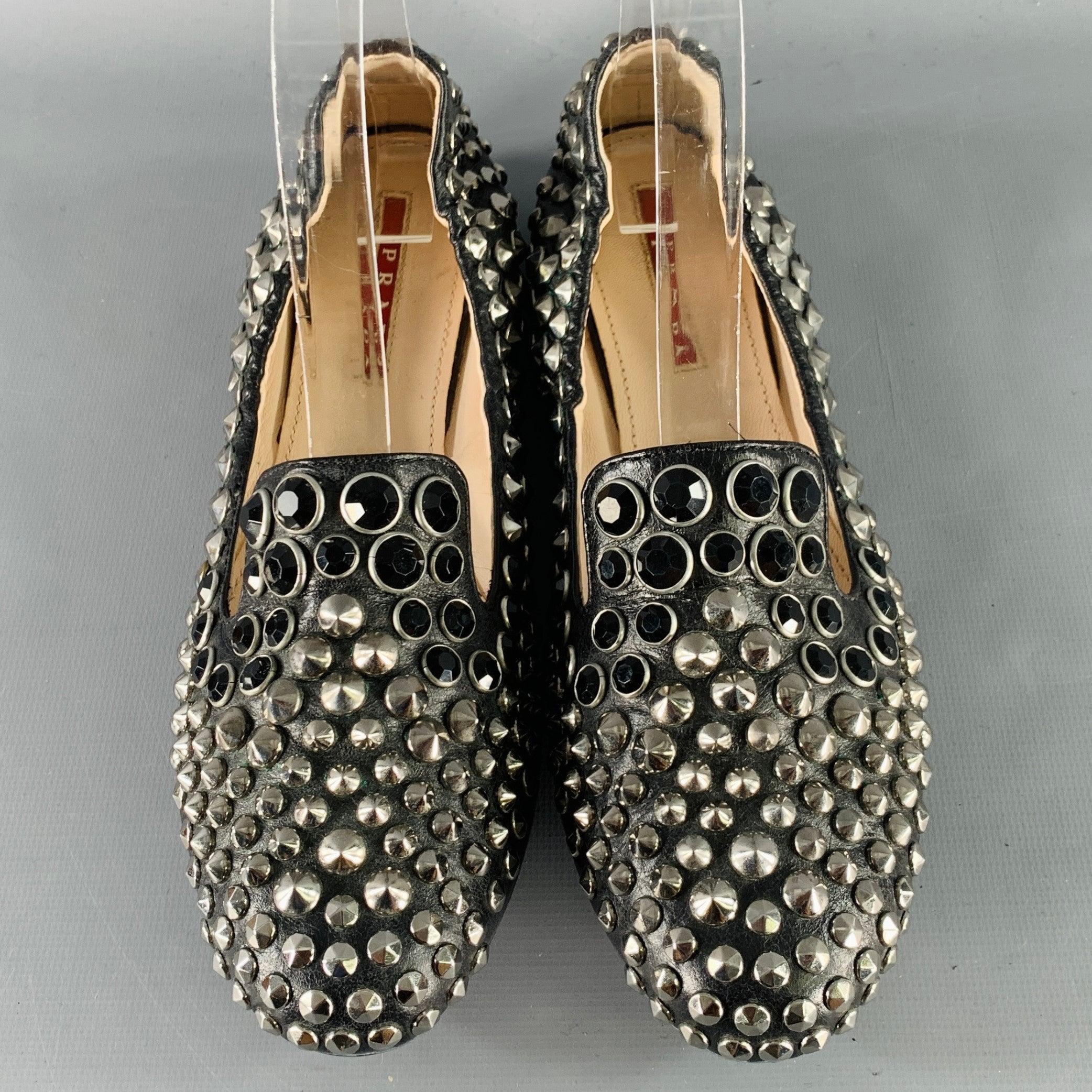 Women's PRADA Size 7.5 Black Silver Leather Studded Slip On Loafers Flats For Sale