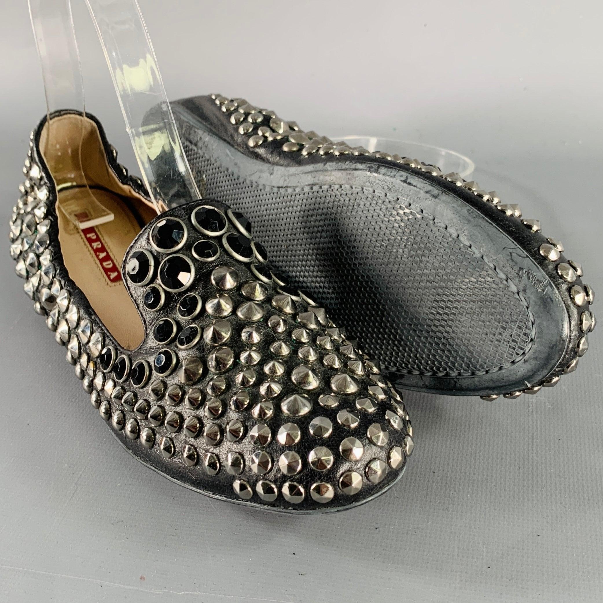 PRADA Size 7.5 Black Silver Leather Studded Slip On Loafers Flats For Sale 1