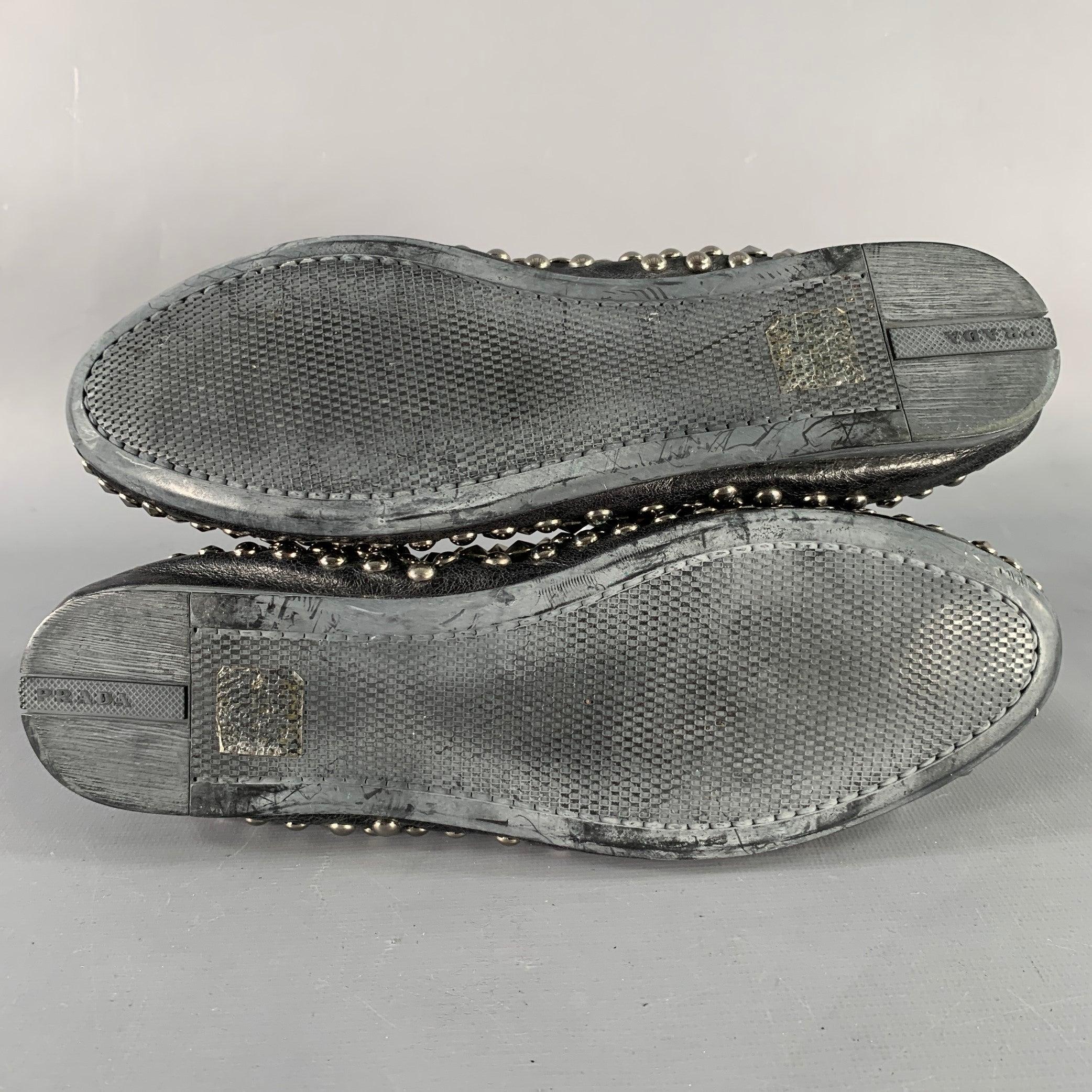 PRADA Size 7.5 Black Silver Leather Studded Slip On Loafers Flats For Sale 2