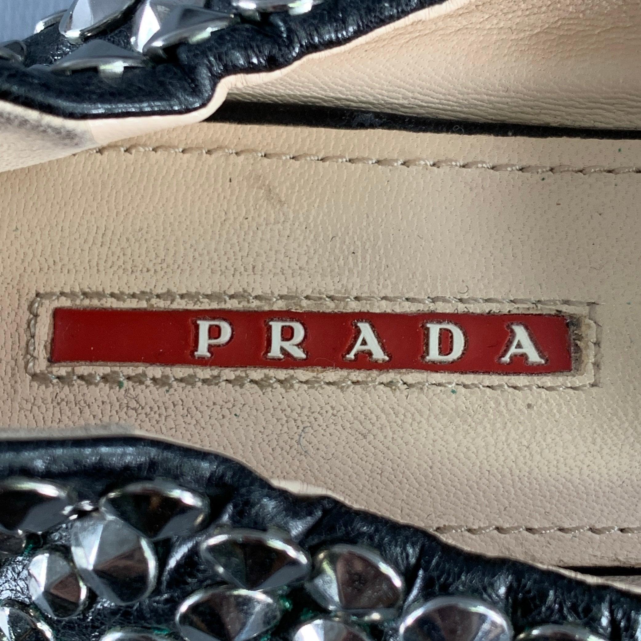 PRADA Size 7.5 Black Silver Leather Studded Slip On Loafers Flats For Sale 3