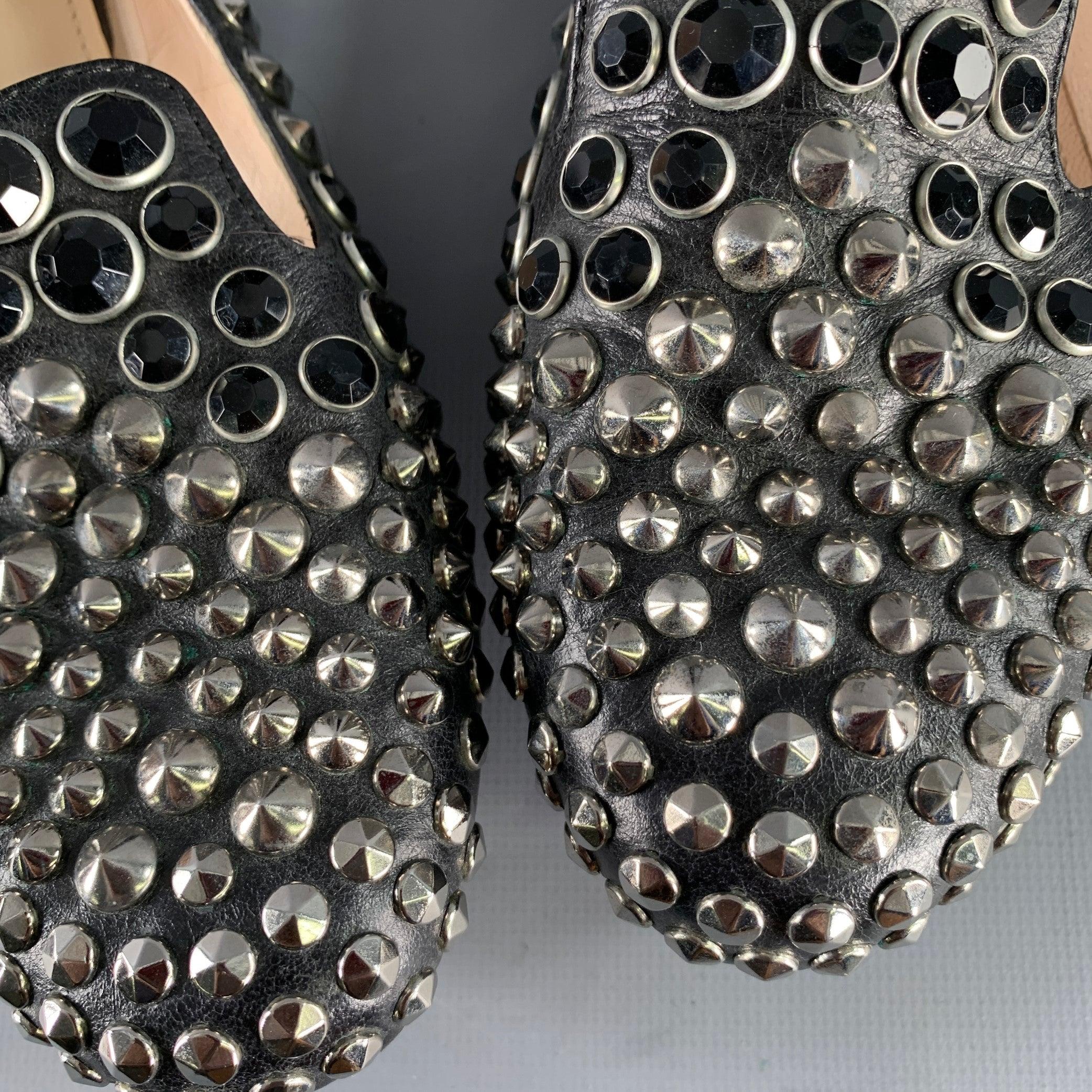PRADA Size 7.5 Black Silver Leather Studded Slip On Loafers Flats For Sale 5