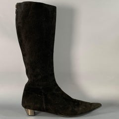 PRADA Size 7.5 Black Silver Suede Back Zip Pointed Toe Calf High Boots