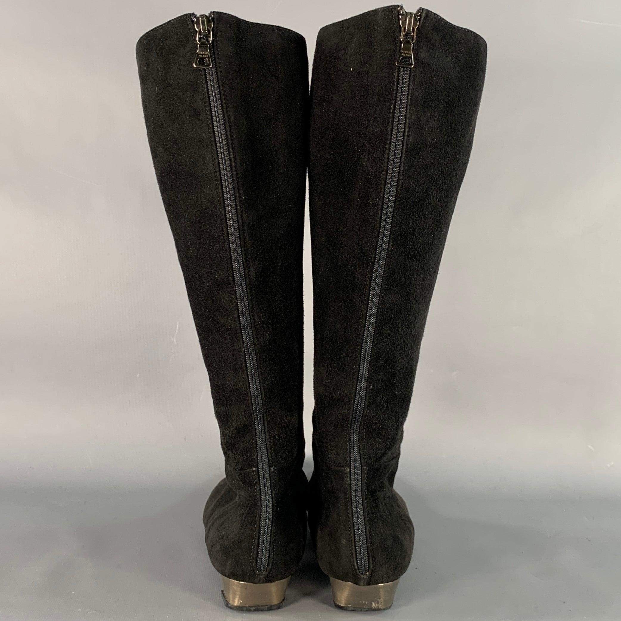 PRADA Size 7.5 Black Silver Suede Back Zip Pointed Toe Calf High Boots In Good Condition For Sale In San Francisco, CA