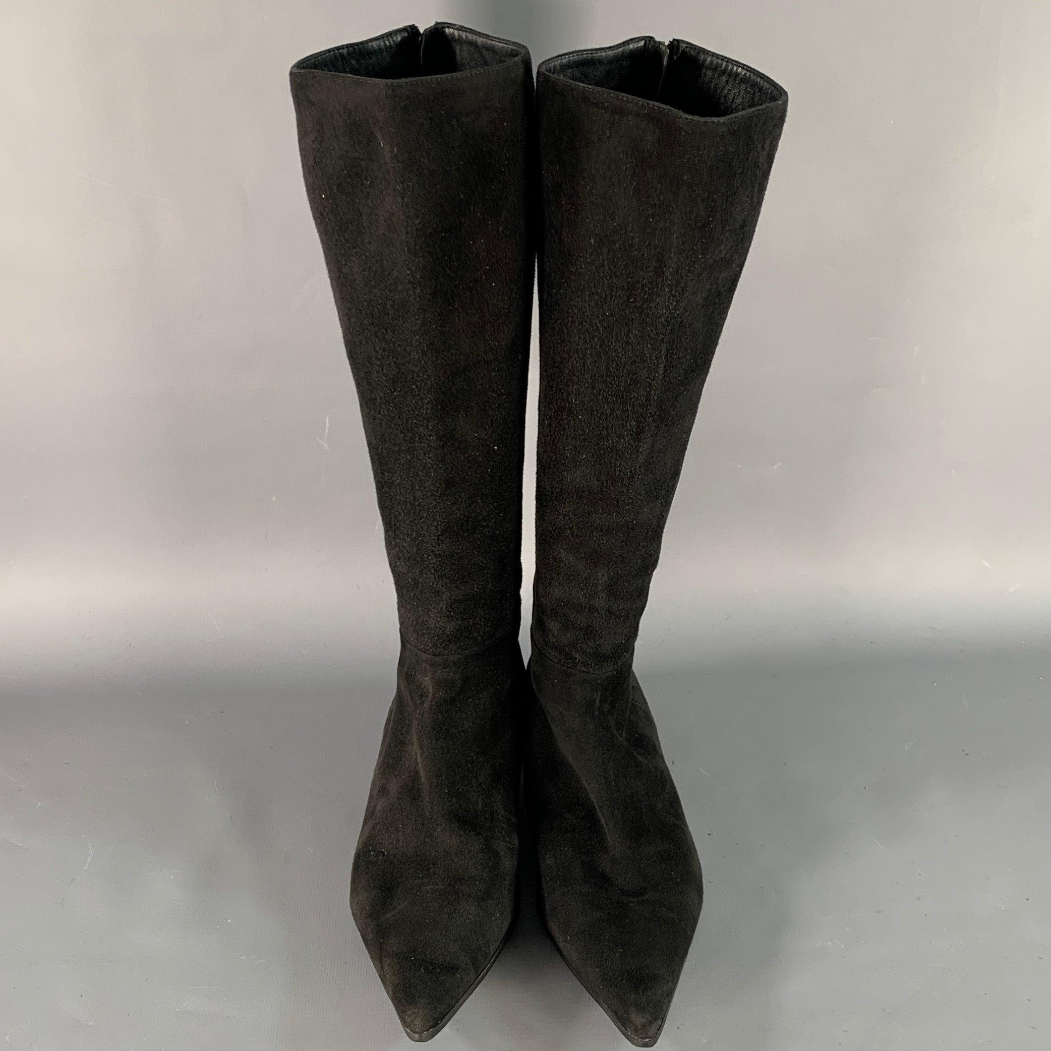 Women's PRADA Size 7.5 Black Silver Suede Back Zip Pointed Toe Calf High Boots For Sale