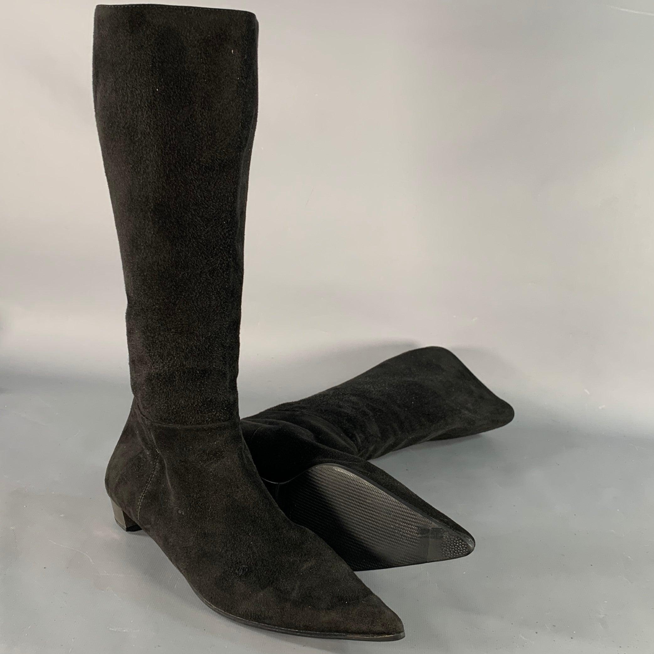 PRADA Size 7.5 Black Silver Suede Back Zip Pointed Toe Calf High Boots For Sale 1