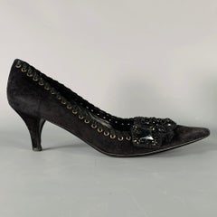 PRADA Size 7.5 Black Suede Beaded Embellishment Heels Pumps