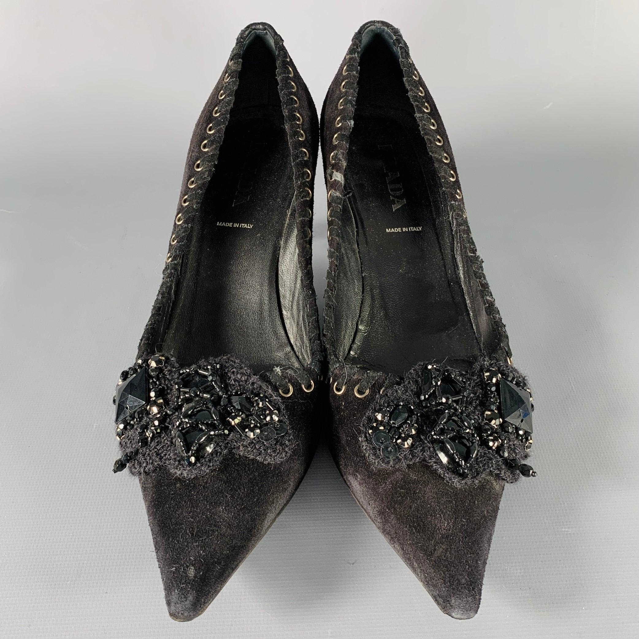Women's PRADA Size 7.5 Black Suede Beaded Embellishment Heels Pumps For Sale