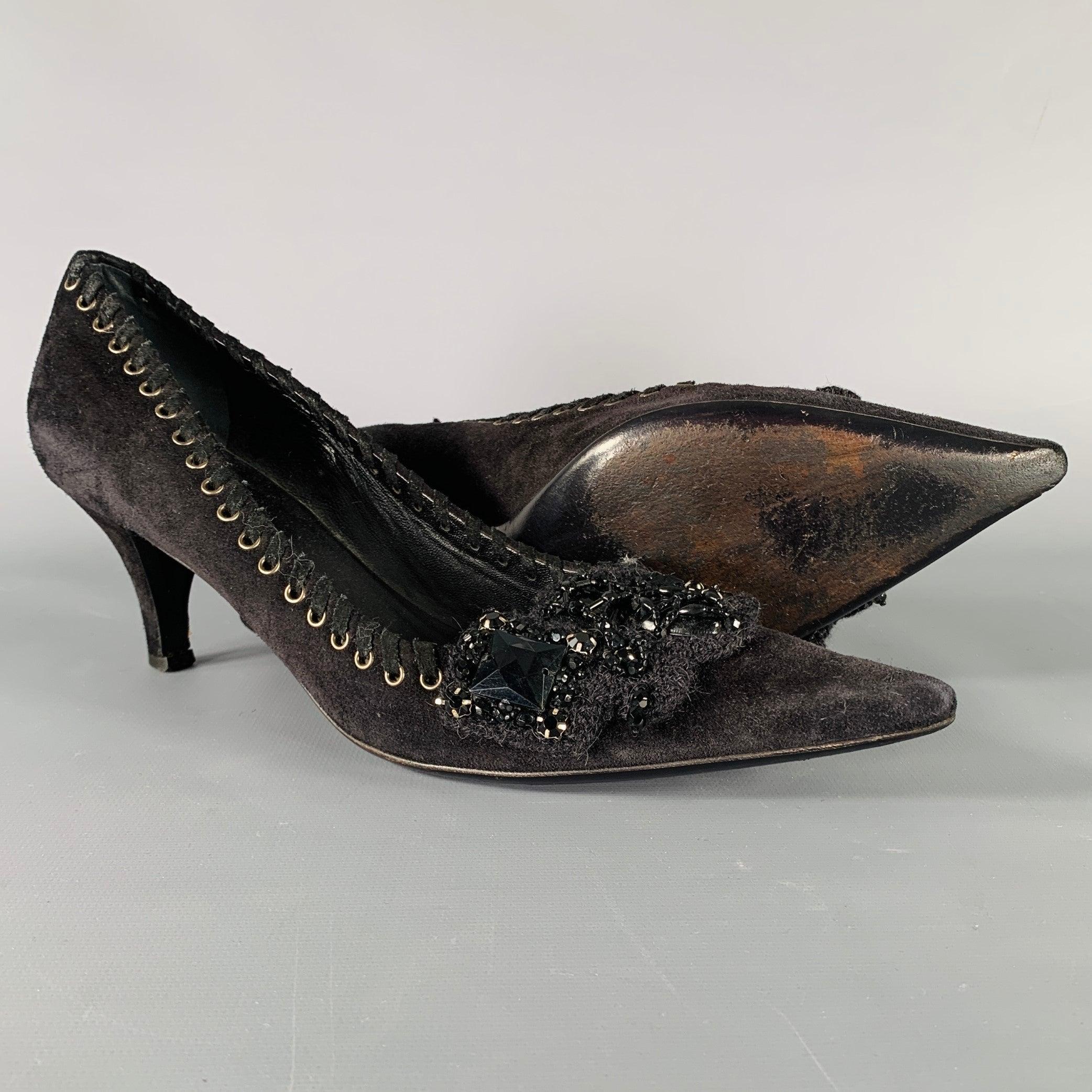 PRADA Size 7.5 Black Suede Beaded Embellishment Heels Pumps For Sale 1