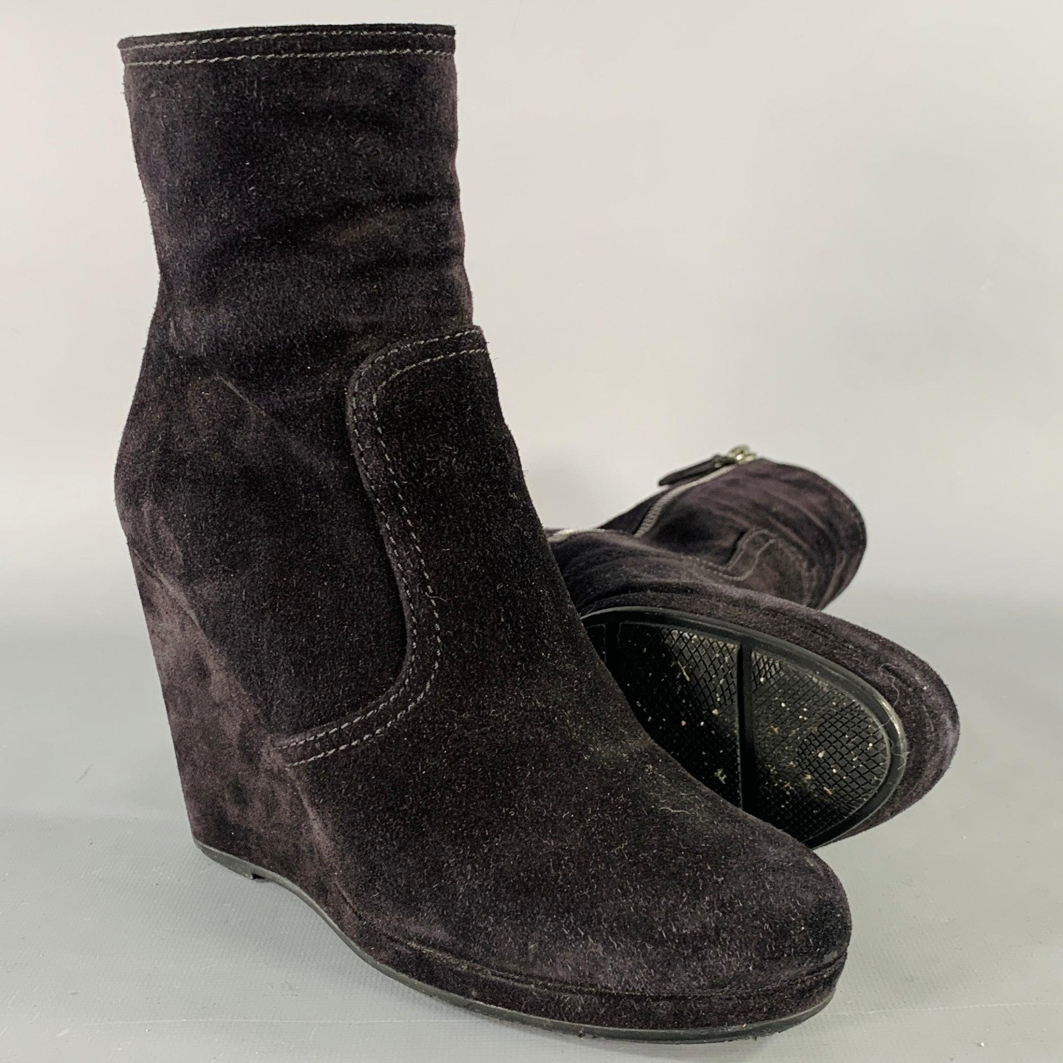 PRADA Size 7.5 Black Suede Wedge Ankle Boots For Sale 1