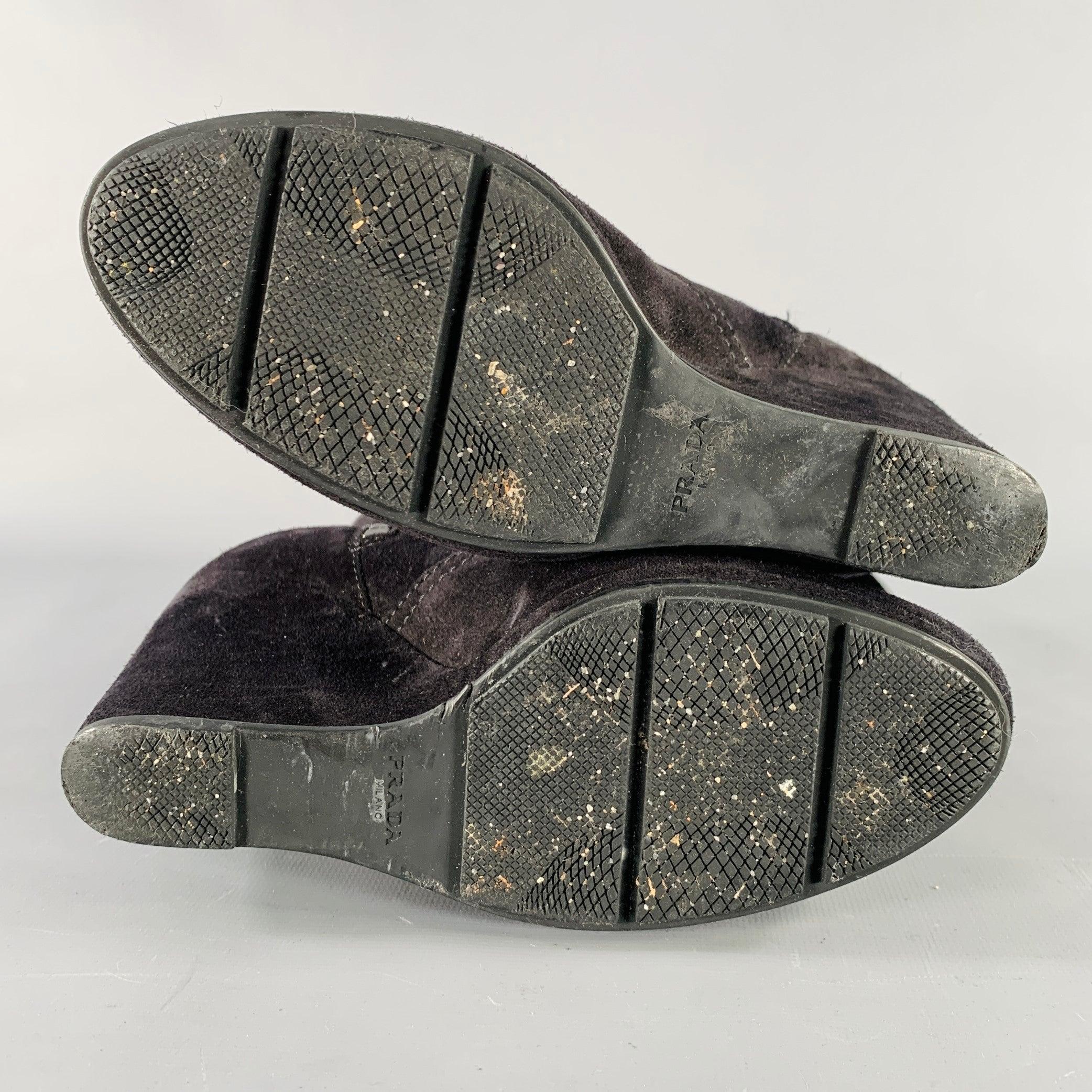 PRADA Size 7.5 Black Suede Wedge Ankle Boots For Sale 2