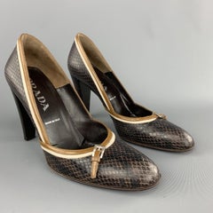 PRADA Size 7.5 Brown Snake Textured Leather Tan Stripe Pumps